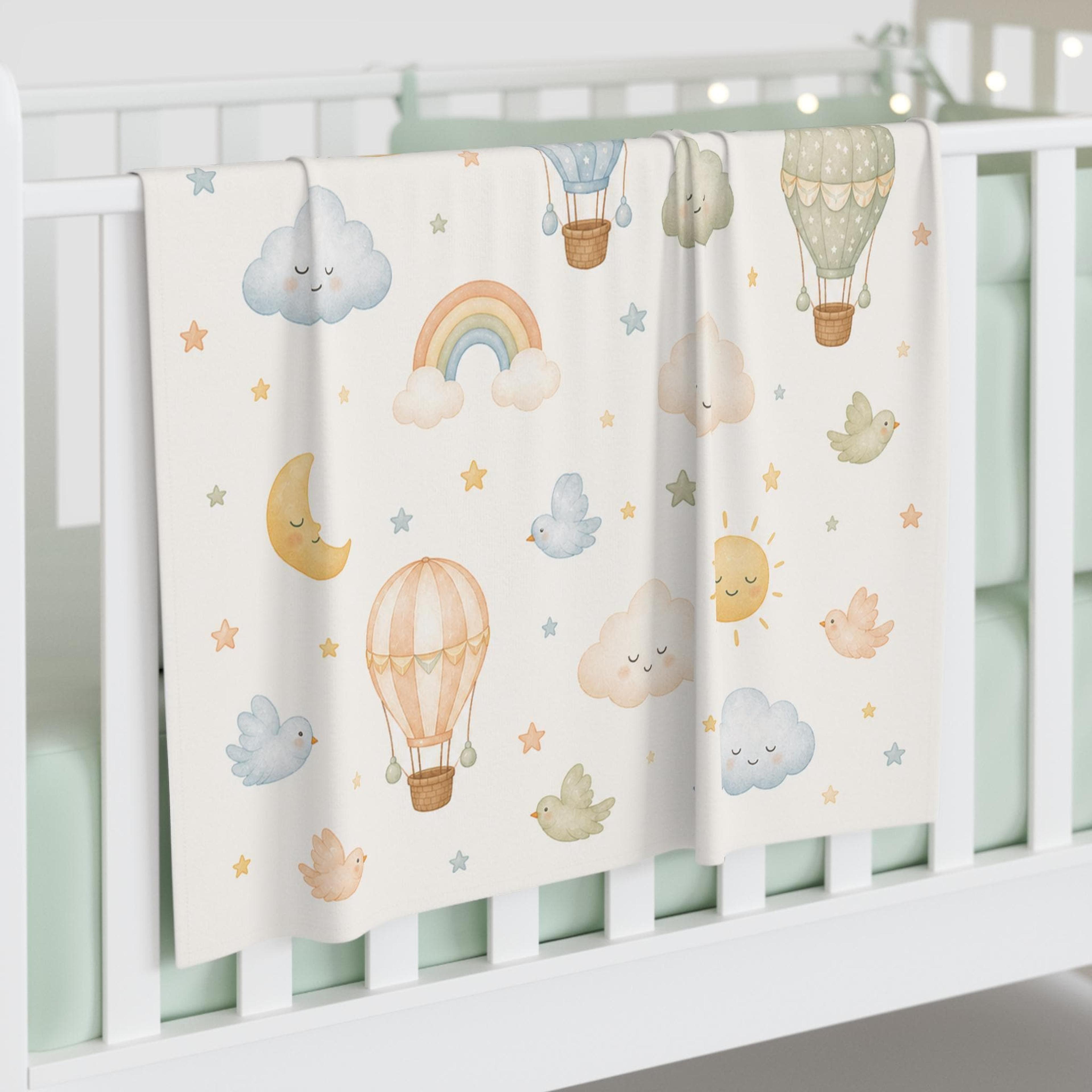 hot air balloon sherpa blanket, pastel rainbow cloud moon stars baby nursery decor, newborn baby shower gift