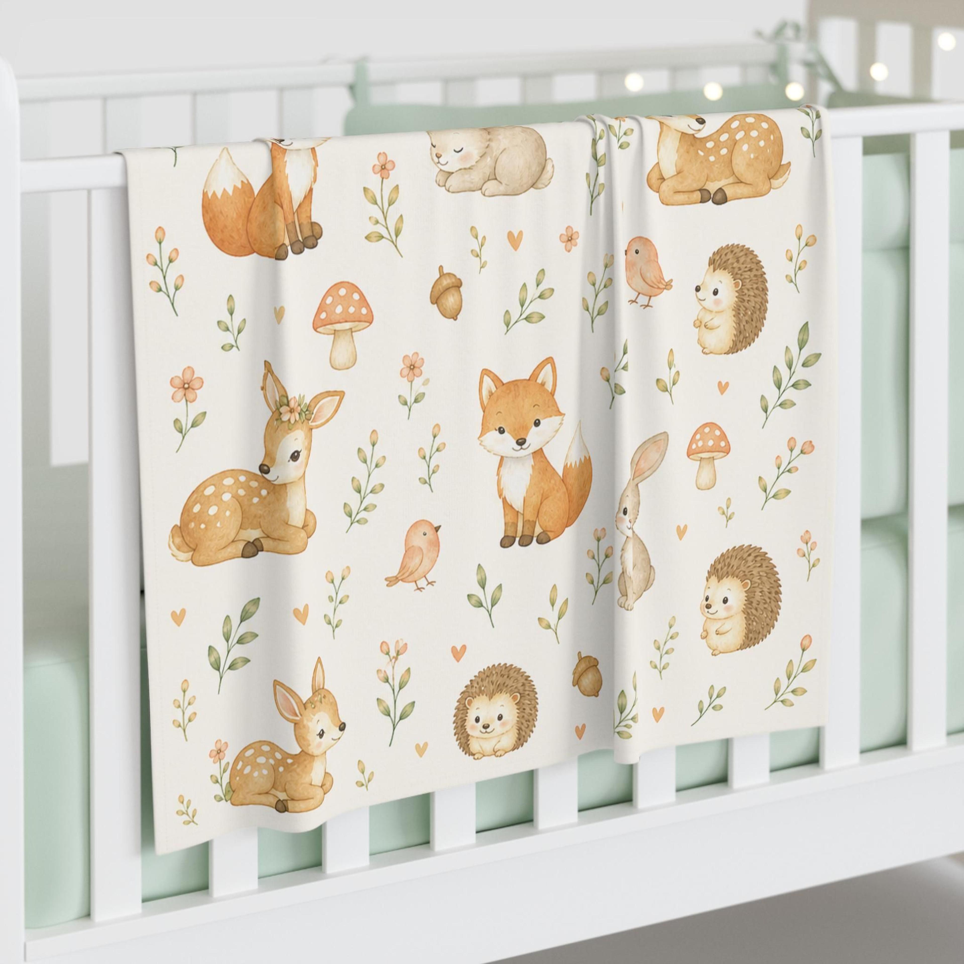 woodland baby animals sherpa blanket, watercolor forest animal nursery decor, newborn baby shower gift for boy girl