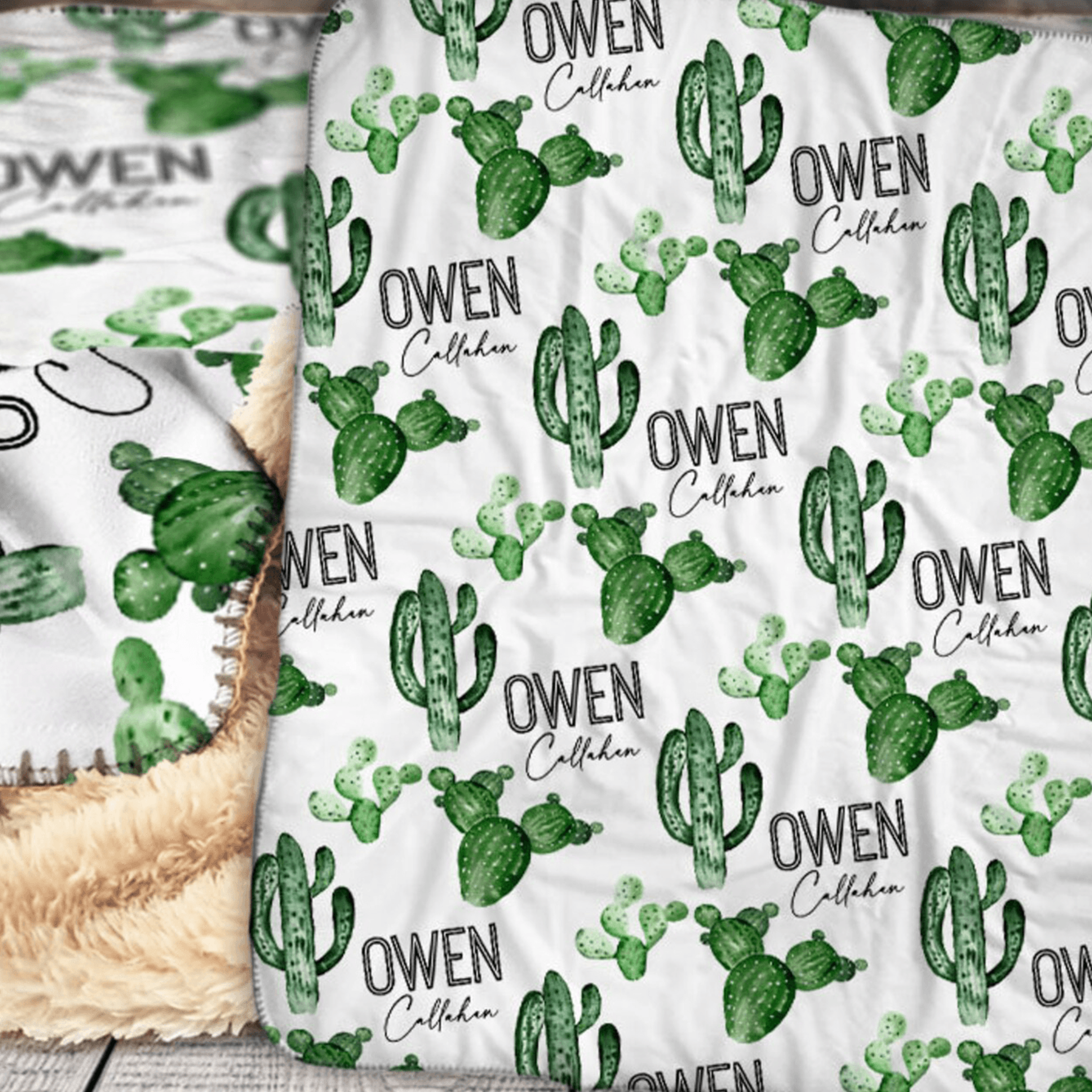 personalized cactus sherpa blanket, custom name southwestern desert design, boho bedroom decor, birthday housewarming gi