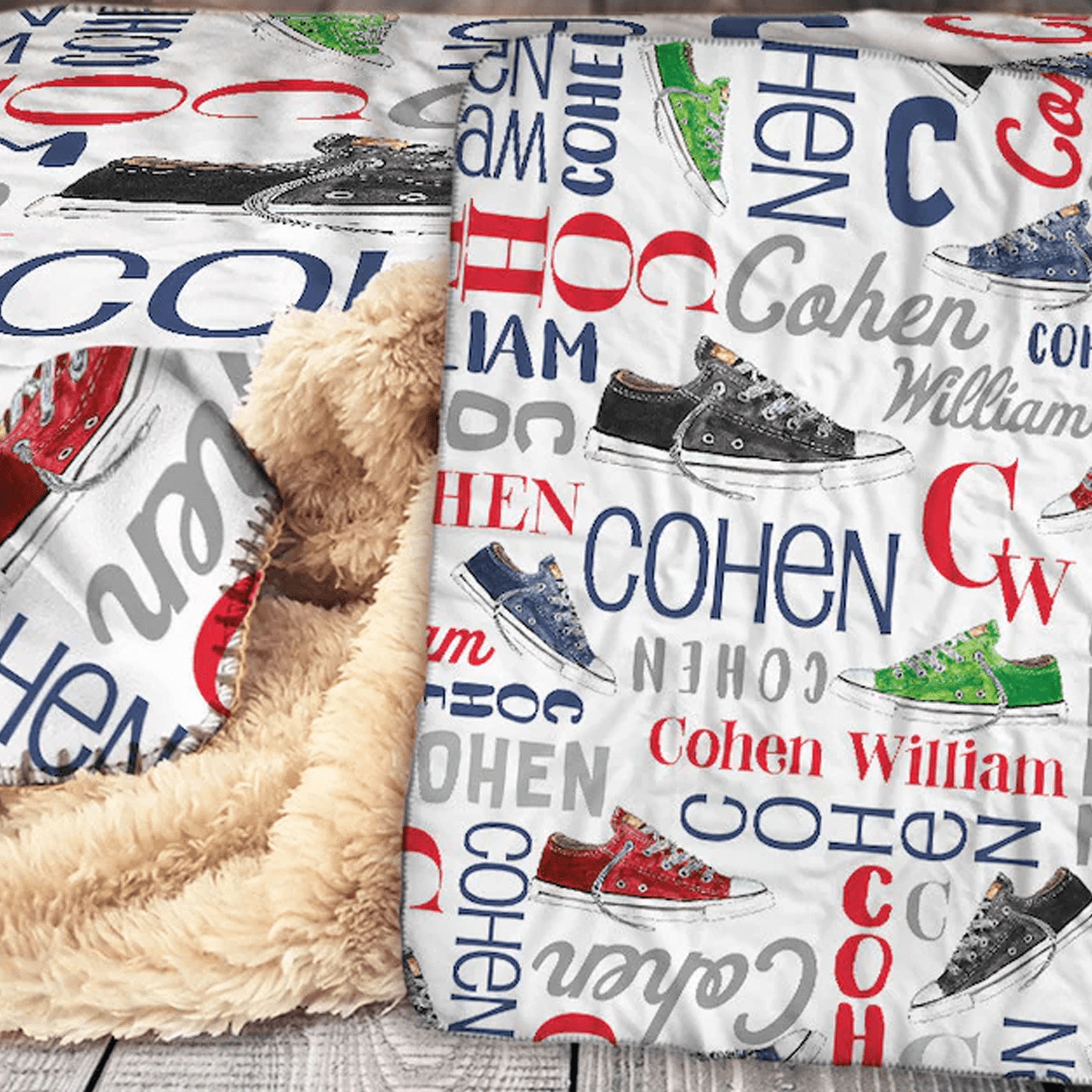 personalized sneaker sherpa blanket, custom name high top shoe design, sneakerhead baby shower birthday gift for kids
