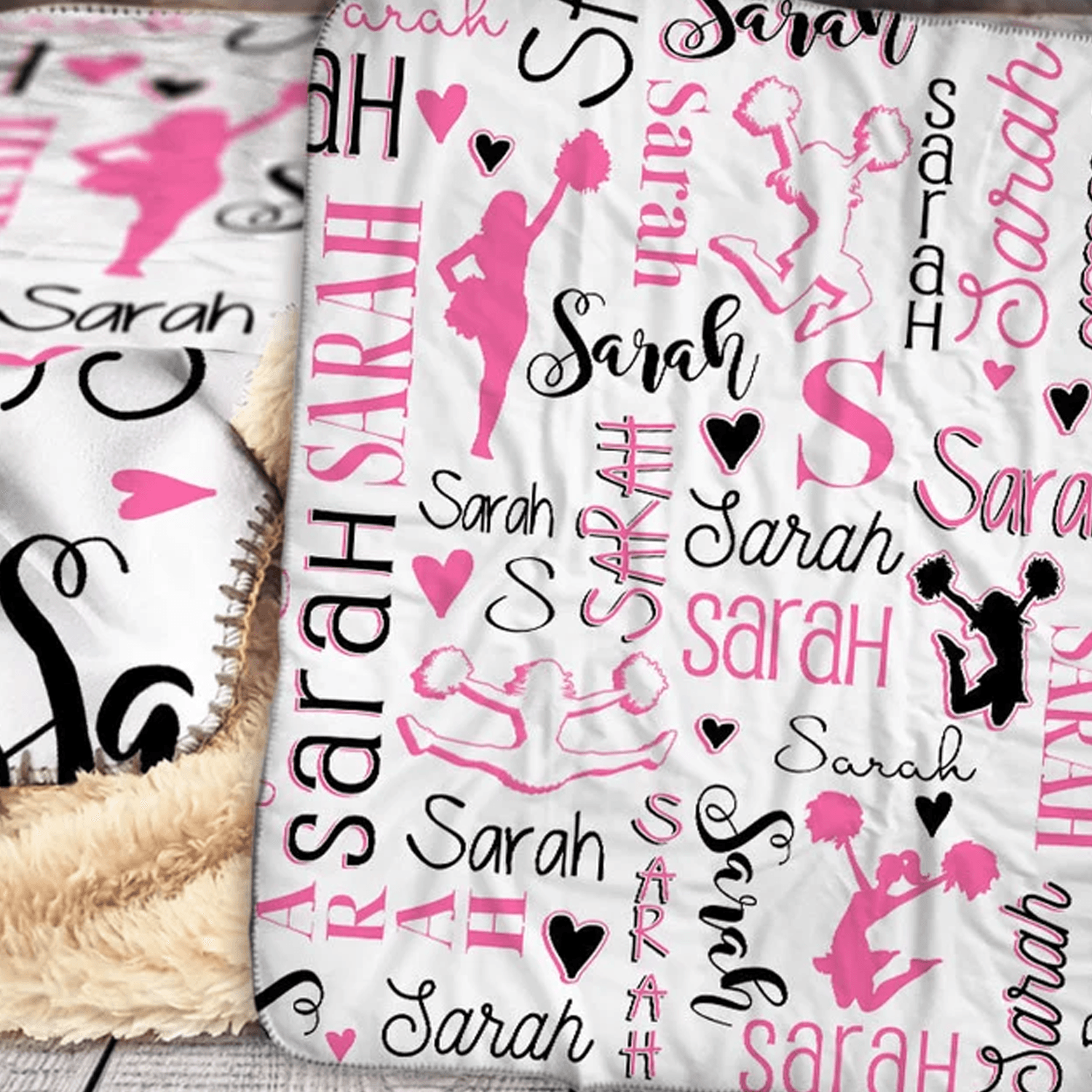 personalized cheerleader sherpa blanket, custom name cheer design, cheerleading birthday competition gift for girls
