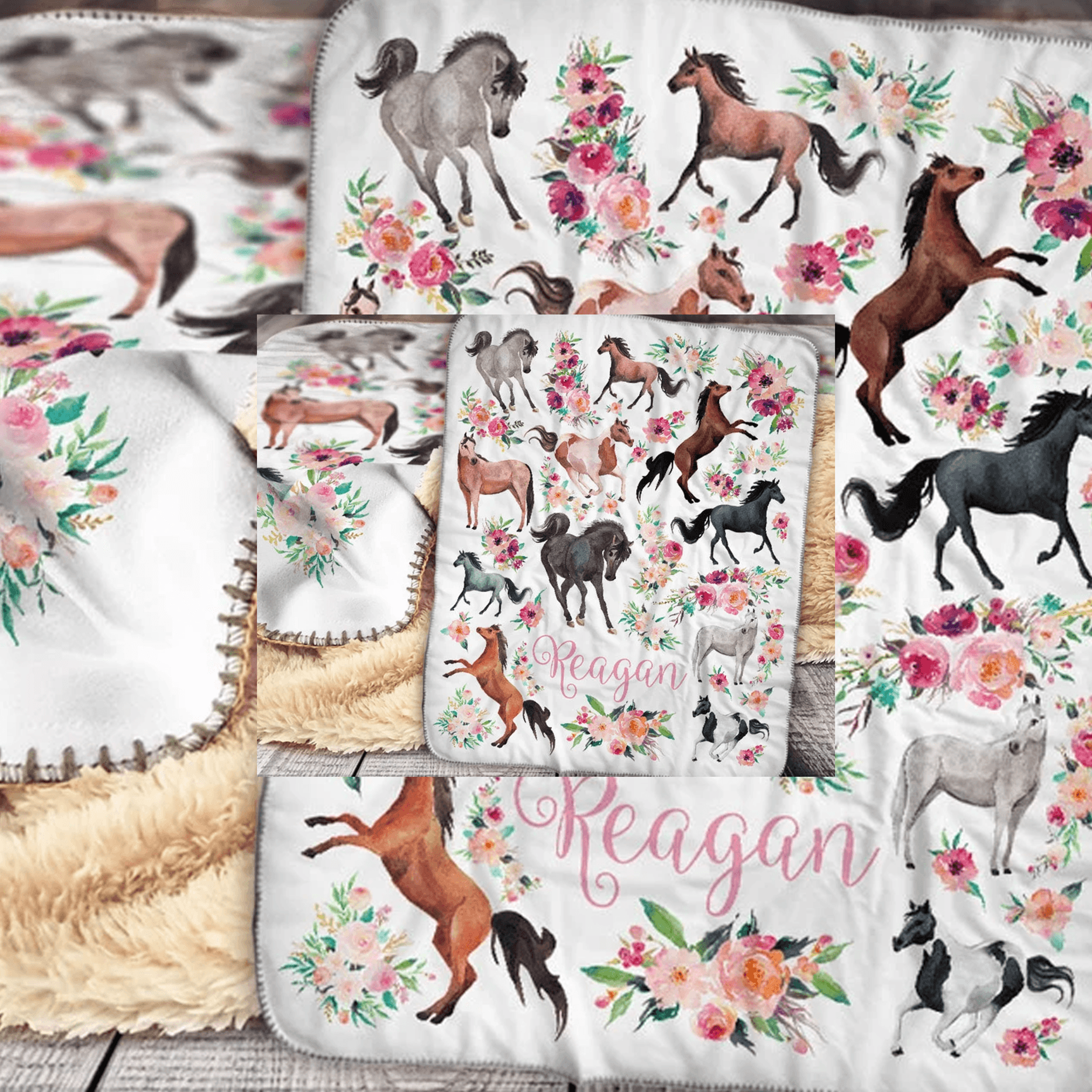 personalized horse sherpa blanket, custom name equestrian design, horse lover birthday gift, western girls room decor