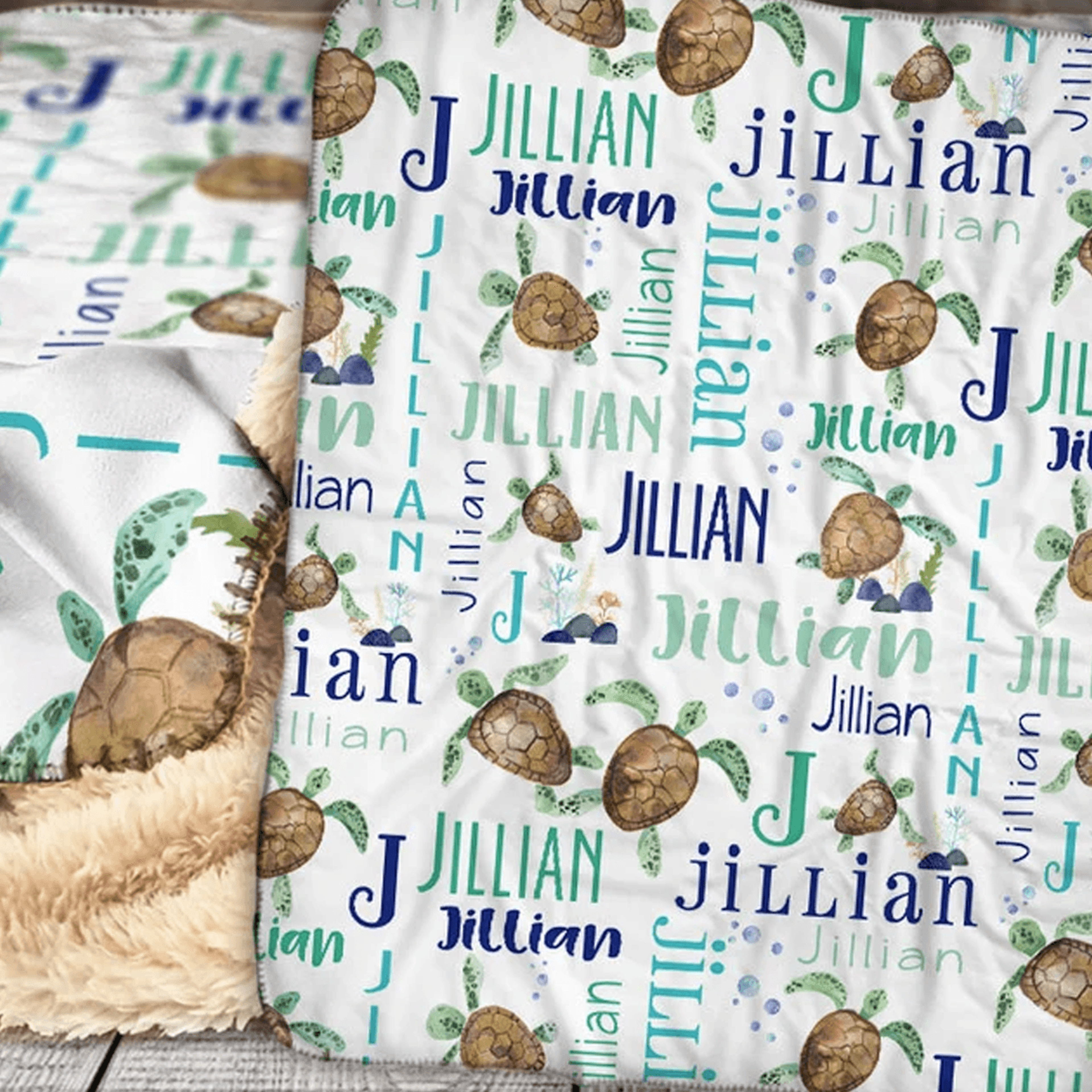 personalized sea turtle sherpa blanket, custom name ocean design, coastal nursery decor, baby shower birthday gift for k