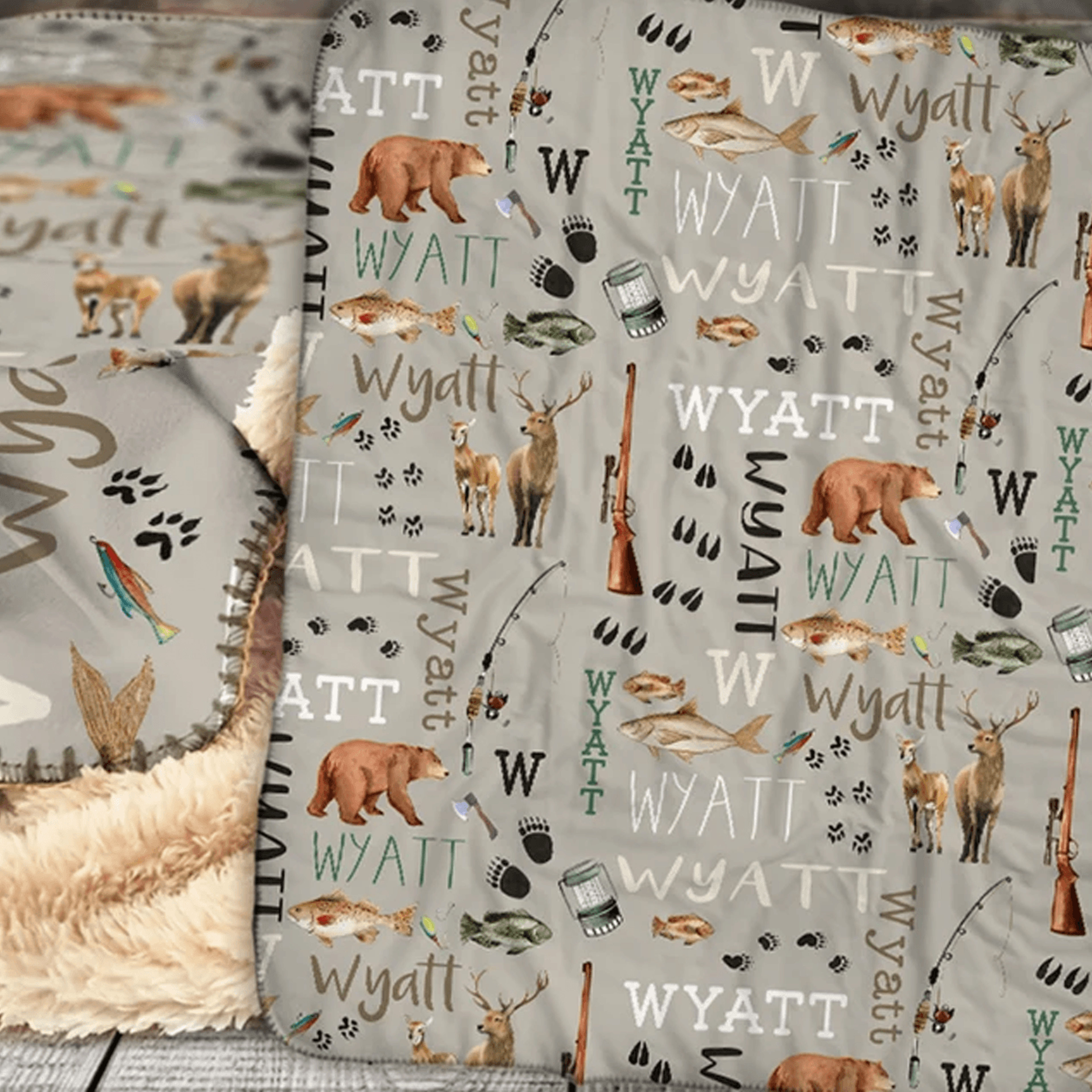 personalized hunting fishing sherpa blanket, custom name outdoor design, baby boy nursery decor, birthday baby shower gi