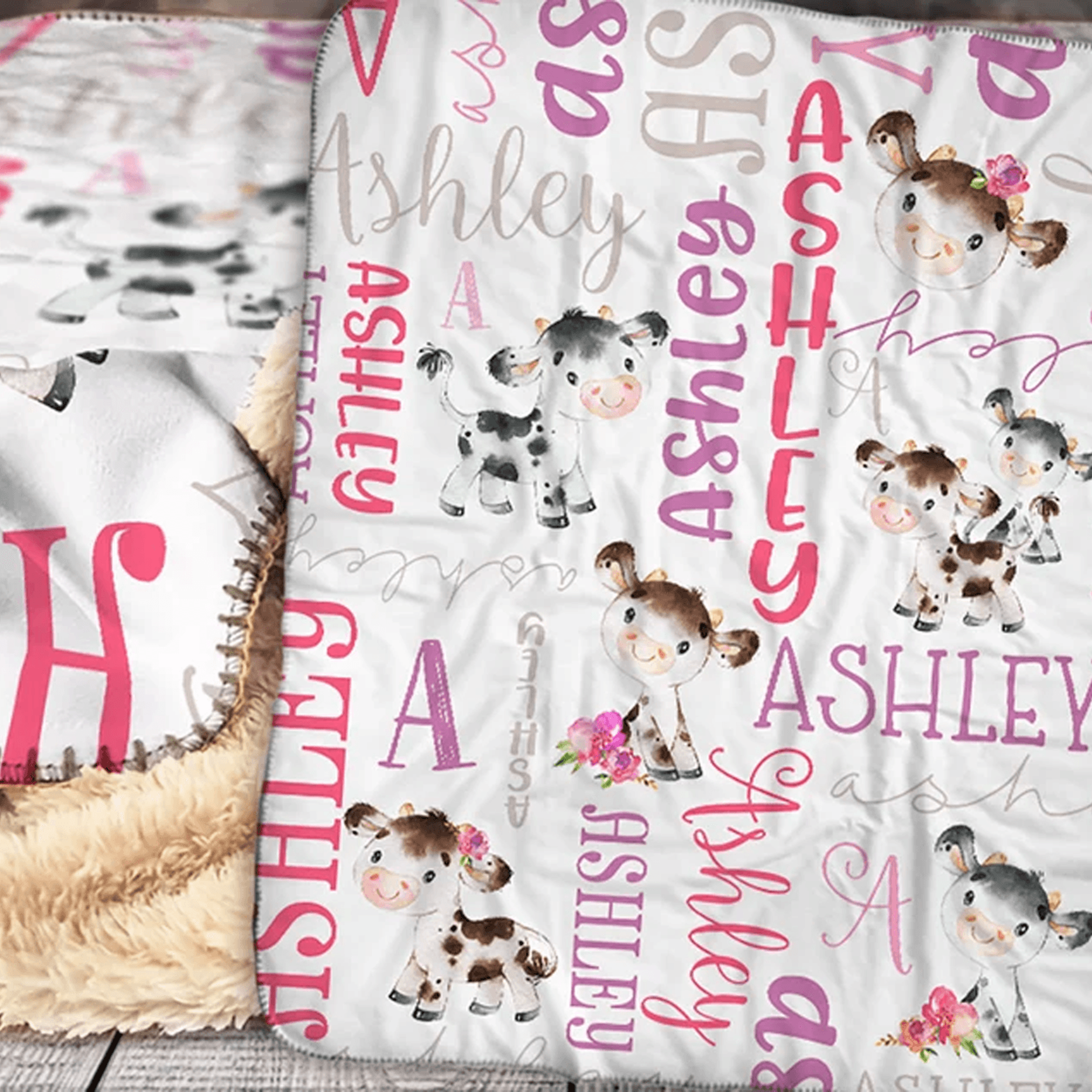 custom floral cow sherpa blanket, personalized name farm animal design, baby girl nursery decor, baby shower birthday gi