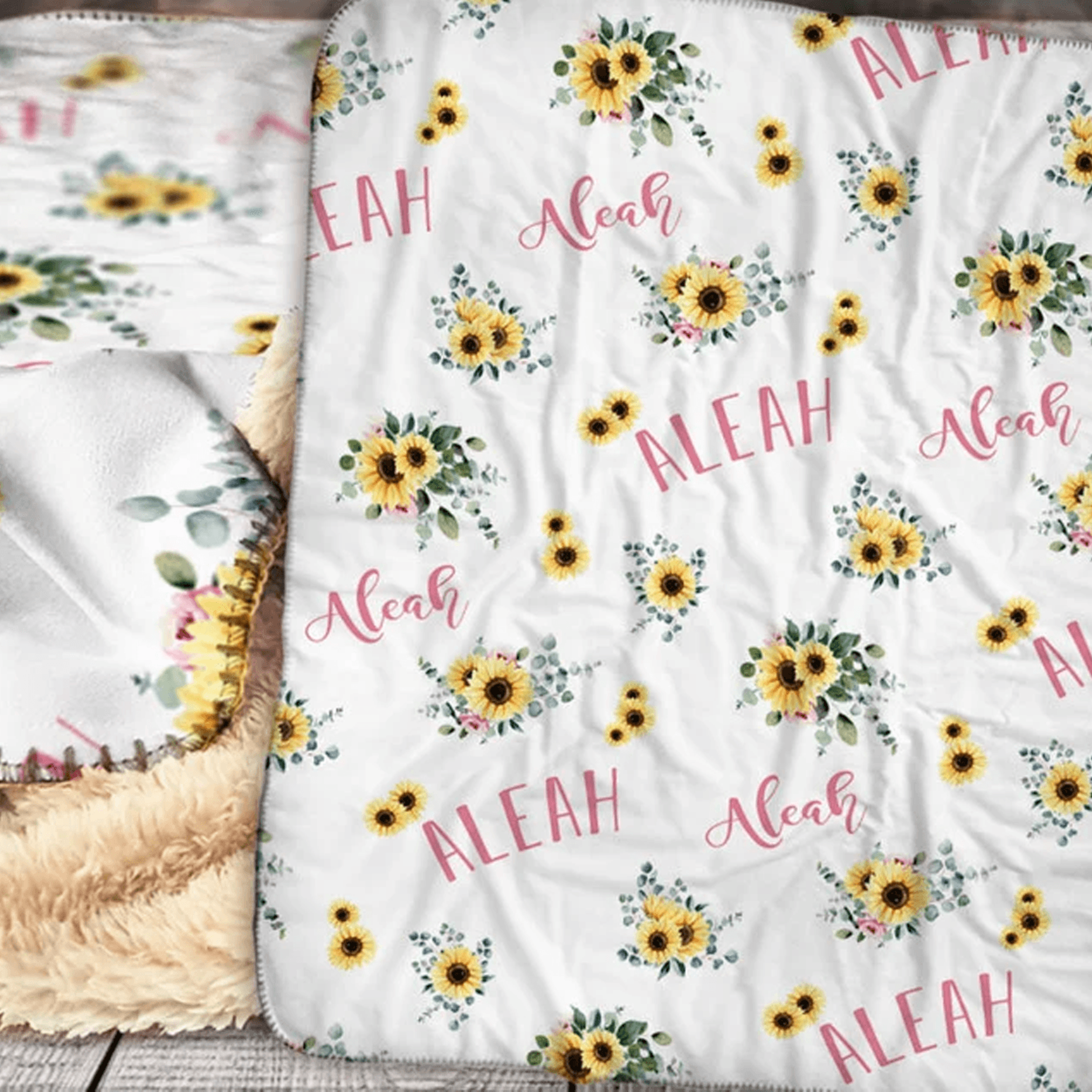 personalized sunflower sherpa blanket, custom name floral baby girl design, baby shower birthday gift, sunflower nursery