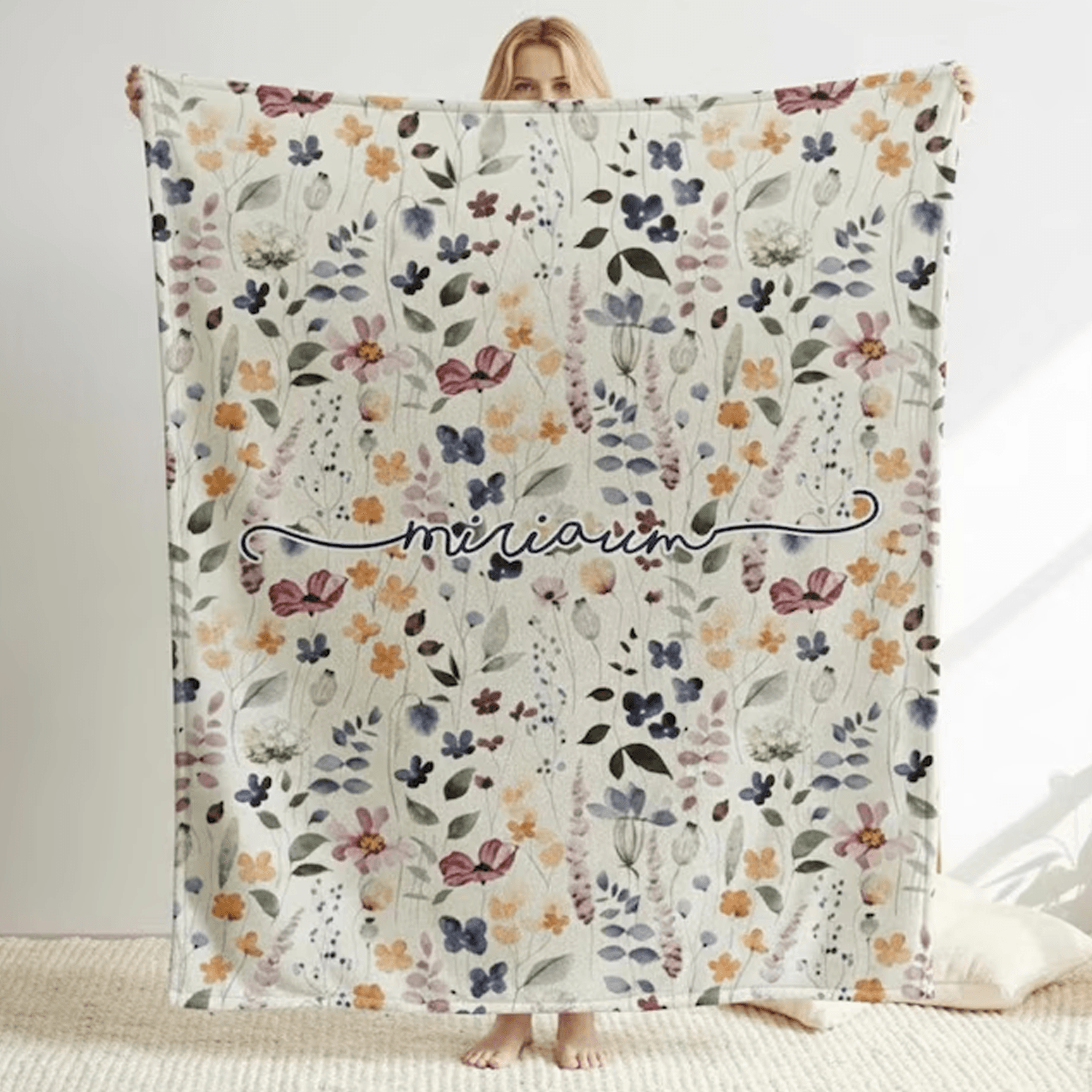 custom watercolor floral sherpa blanket, personalized name flower design, girls birthday baby shower gift, nursery decor