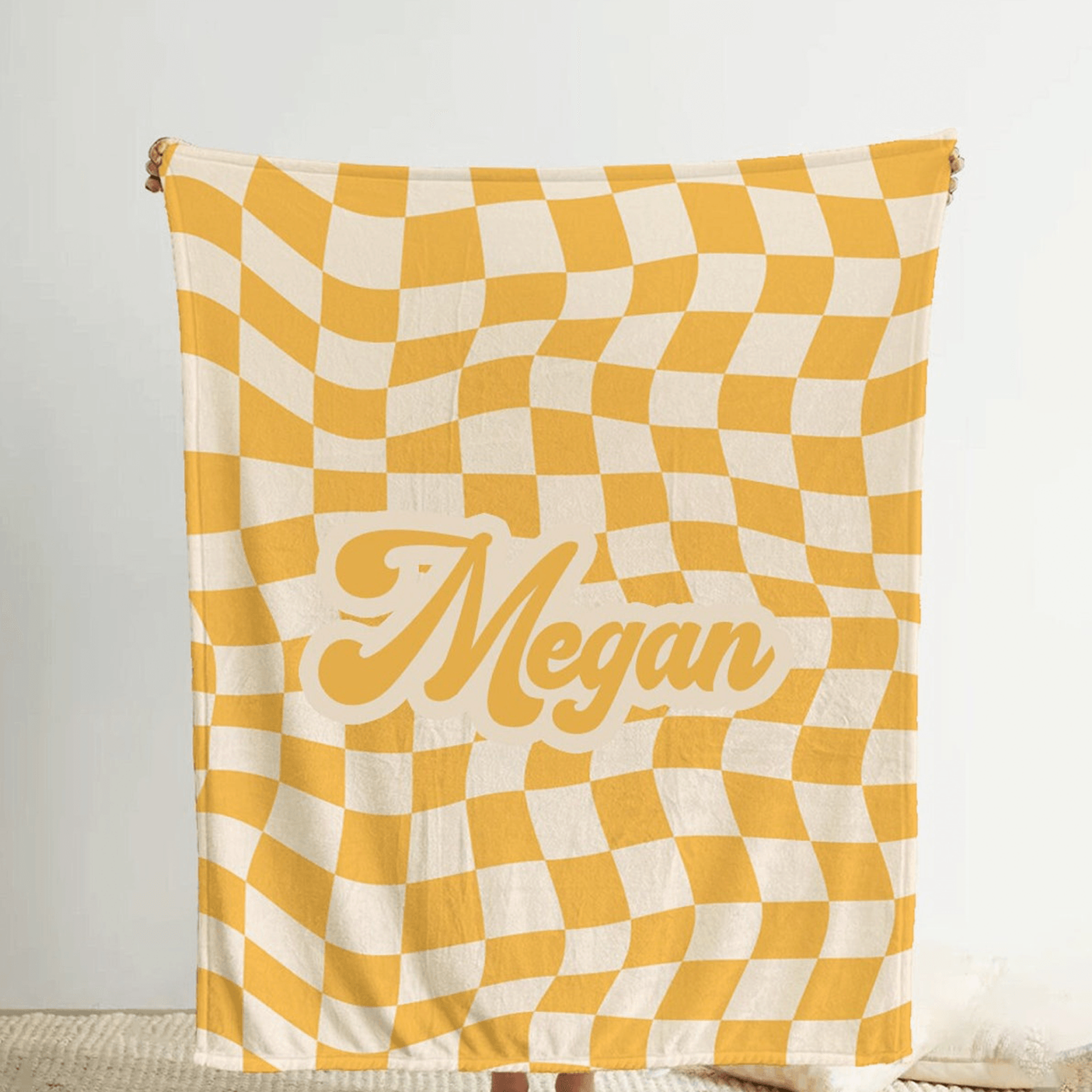 retro checkerboard sherpa blanket, personalized custom name design, kids birthday gift, trendy bedroom & nursery decor