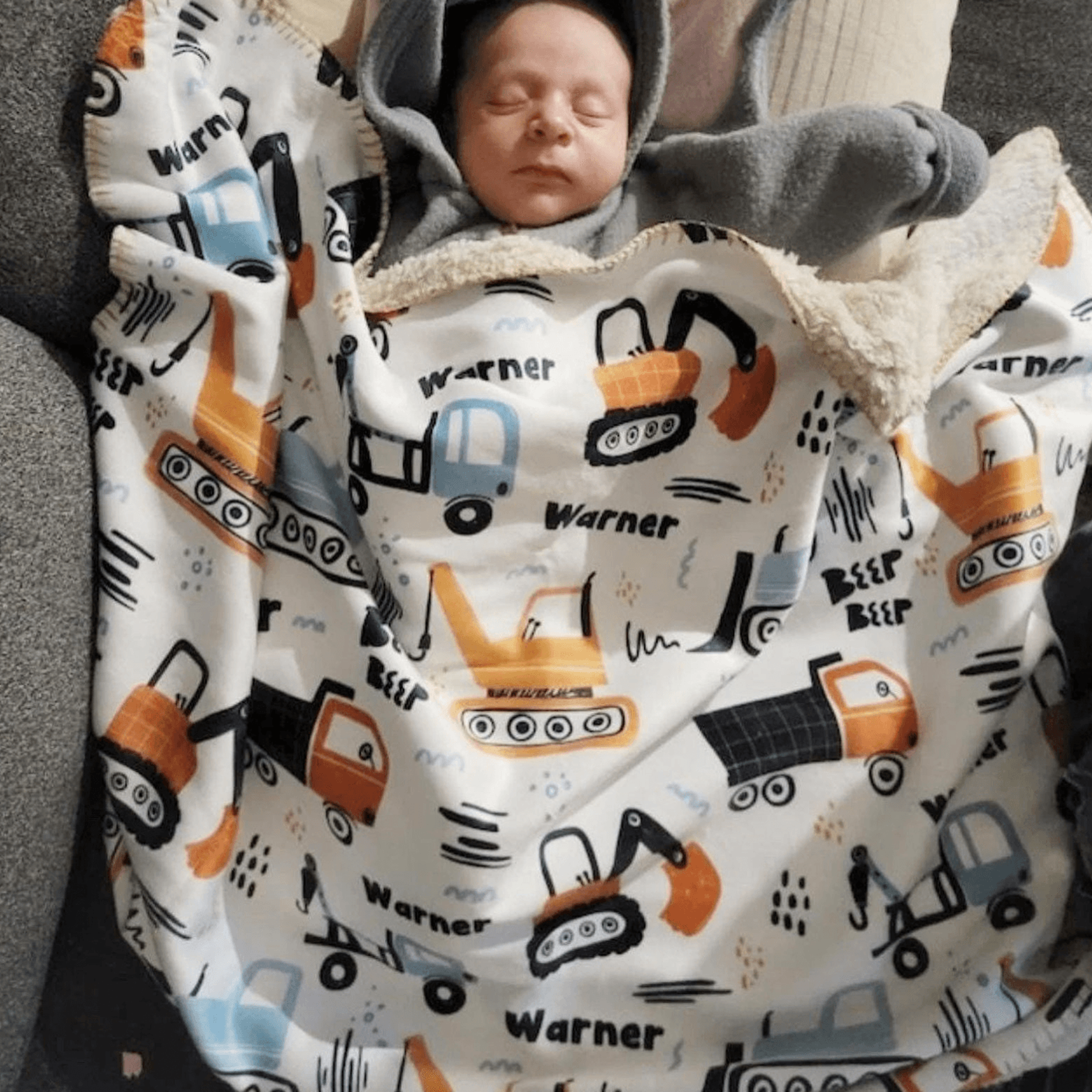 personalized construction sherpa blanket, custom name truck design, toddler boy birthday gift, construction nursery deco