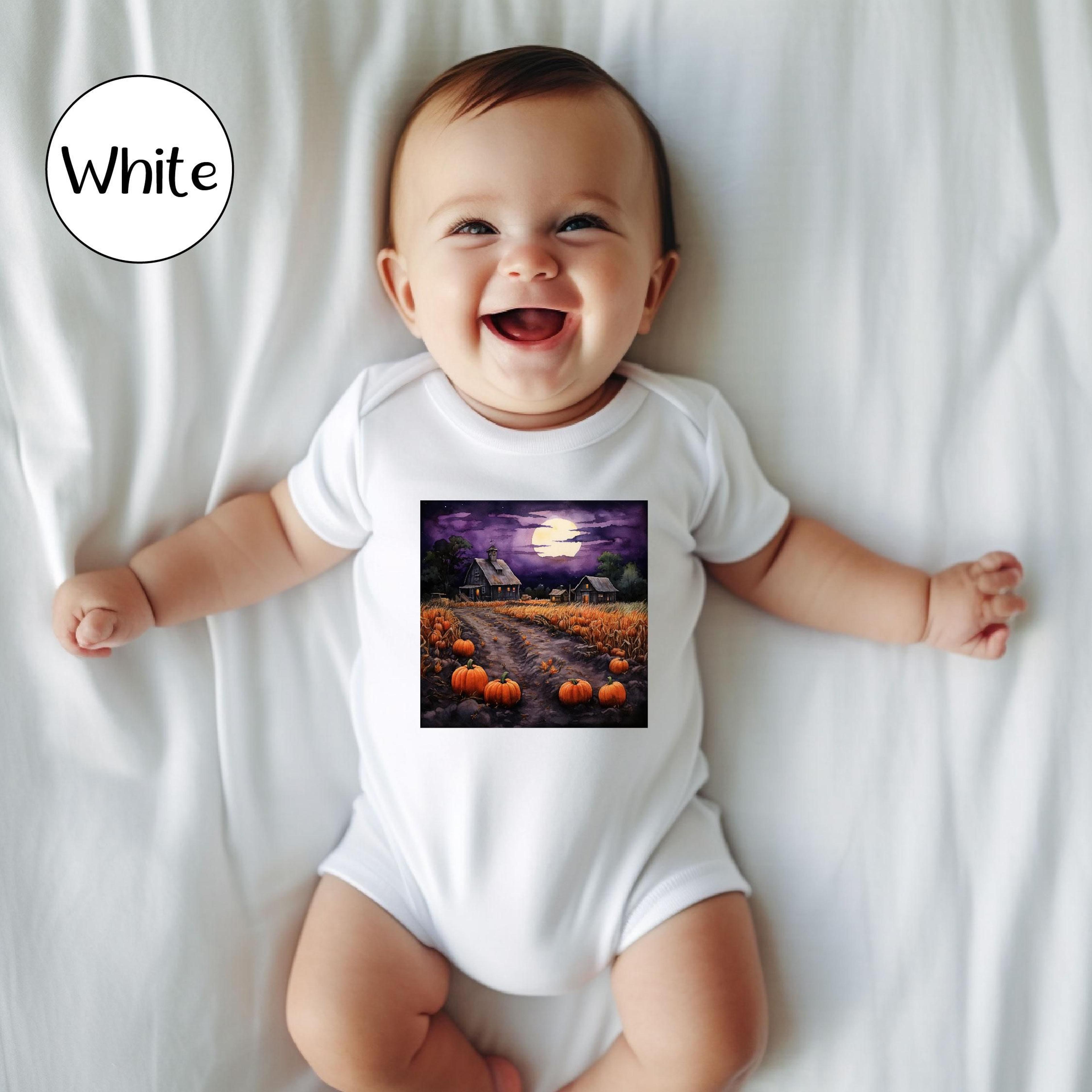 spooky pumpkin night baby bodysuit, halloween pumpkin patch infant onesie, fall sunset baby outfit, first halloween gift