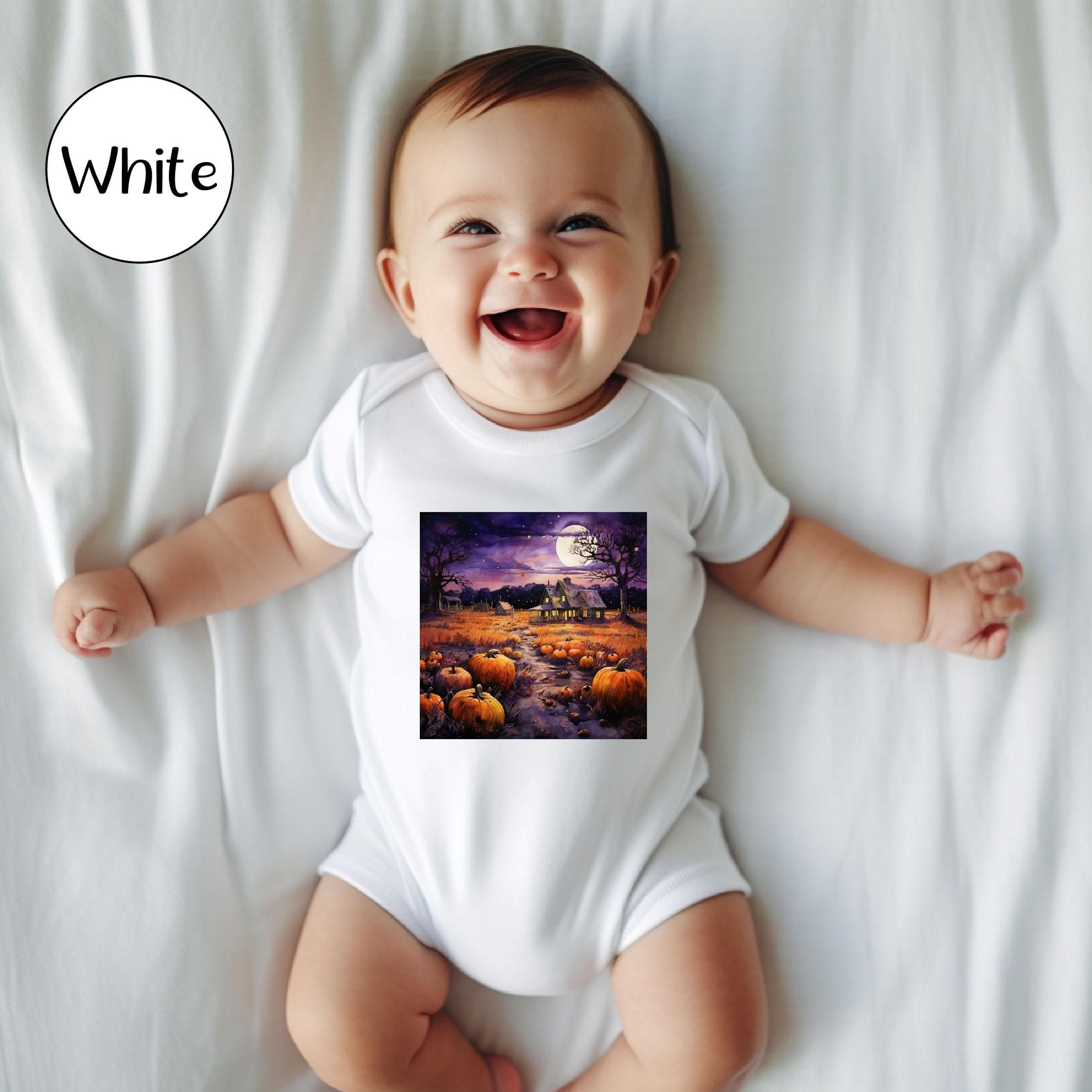 halloween pumpkin patch baby bodysuit, spooky sunset infant onesie, fall pumpkin baby outfit, first halloween baby gift