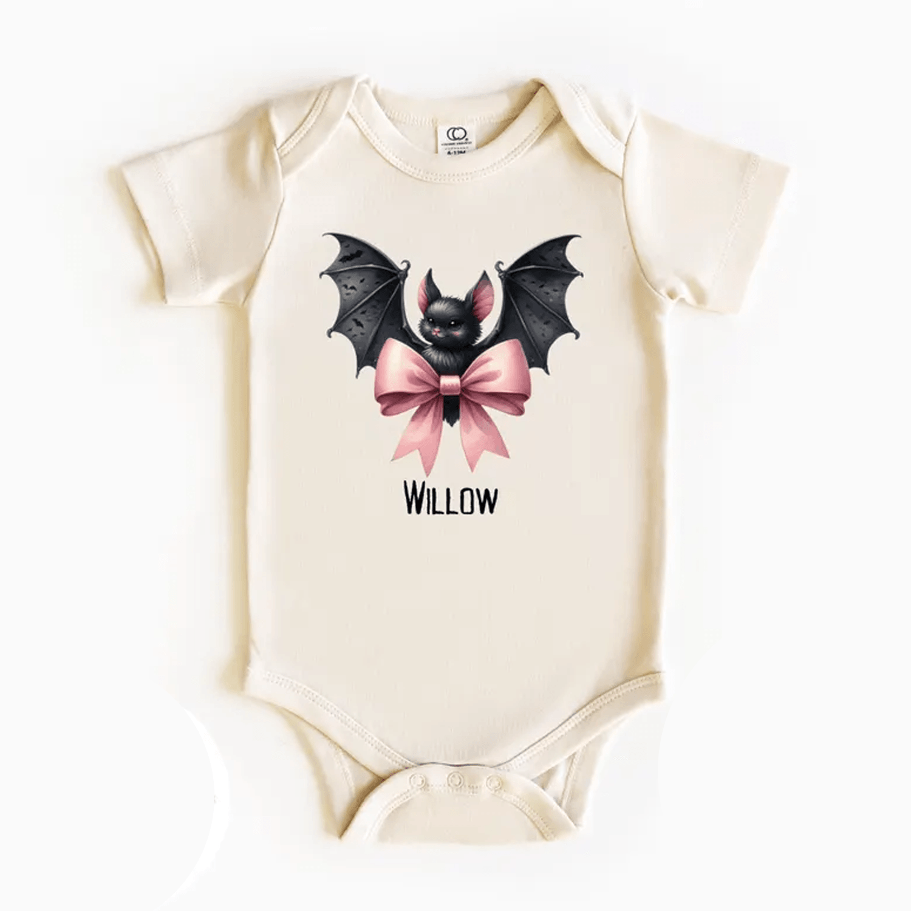 personalized bat bow baby bodysuit custom name halloween onesie cute pink spooky infant outfit first halloween baby gift