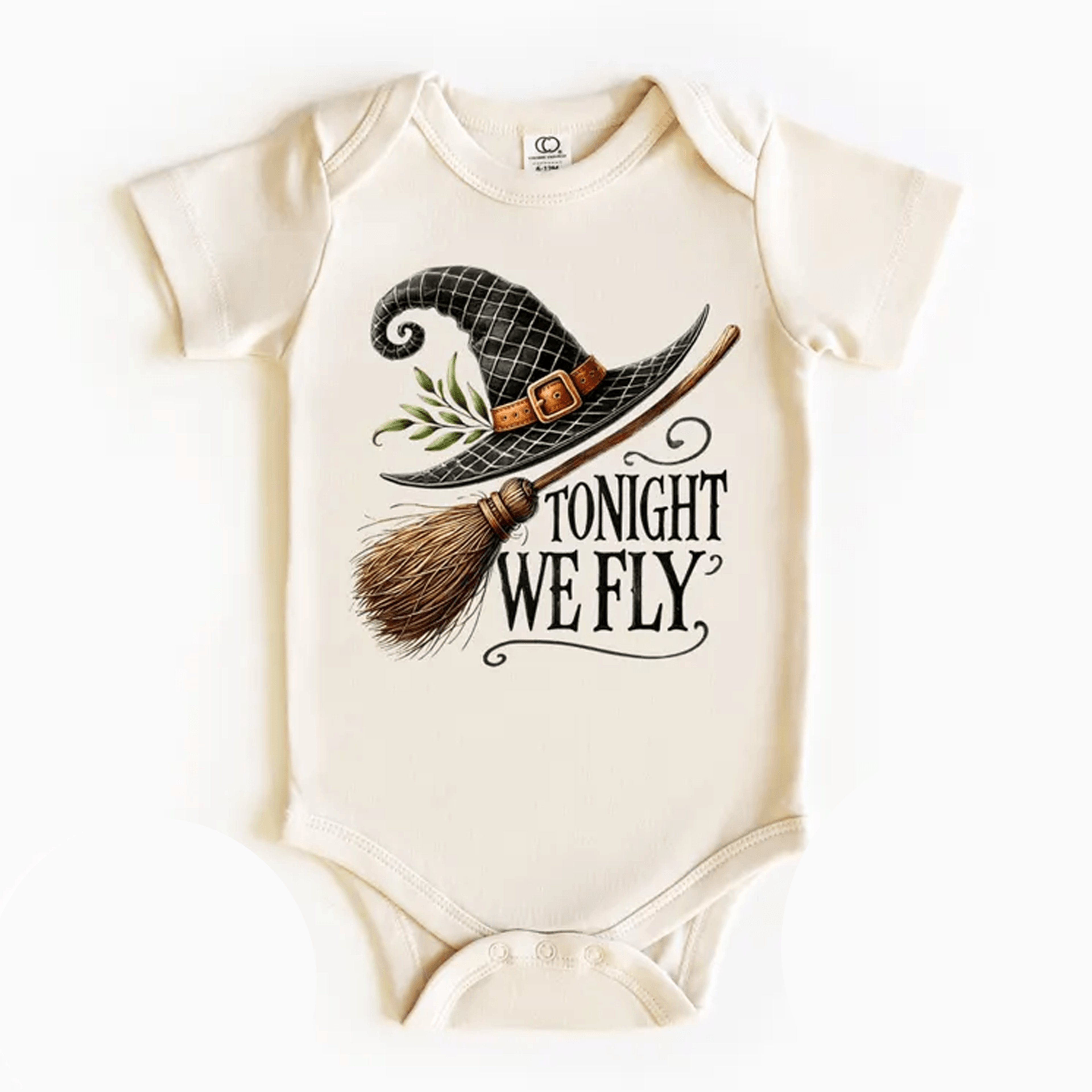 tonight we fly witch baby bodysuit, vintage halloween infant onesie, witch hat broom spooky baby outfit, halloween gift