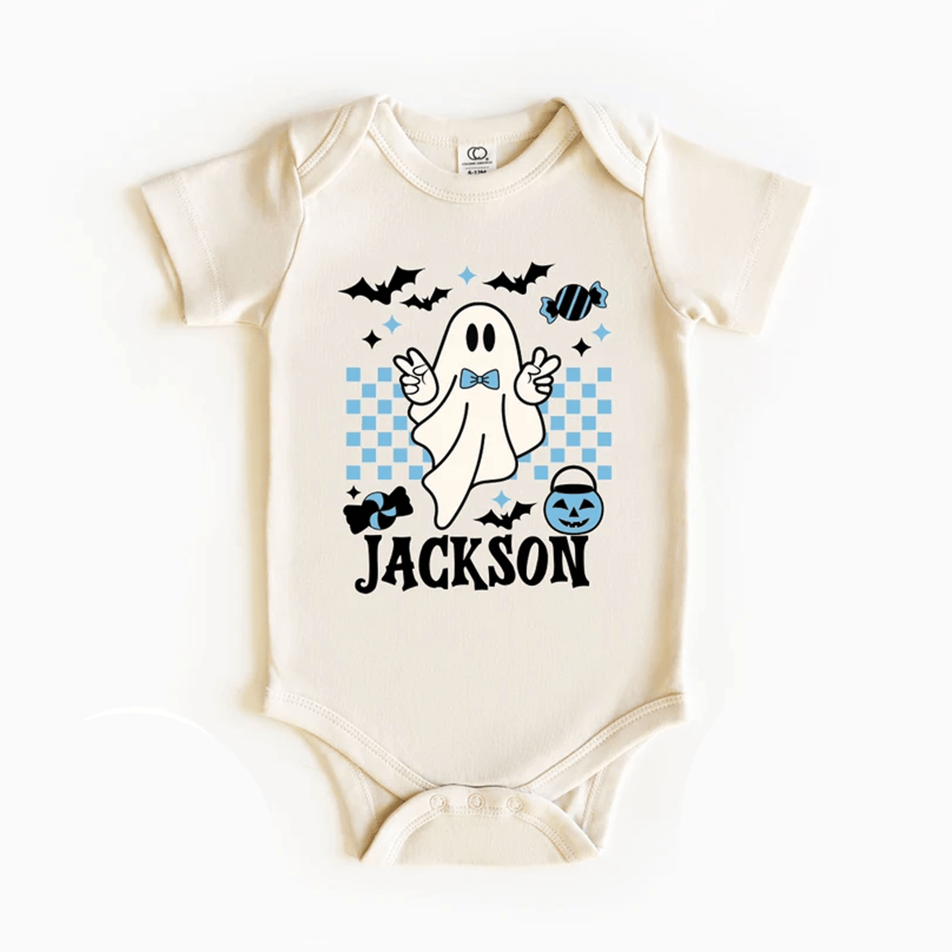 personalized blue ghost sherpa blanket, custom name halloween design, spooky cute kids gift, boys fall bedroom decor