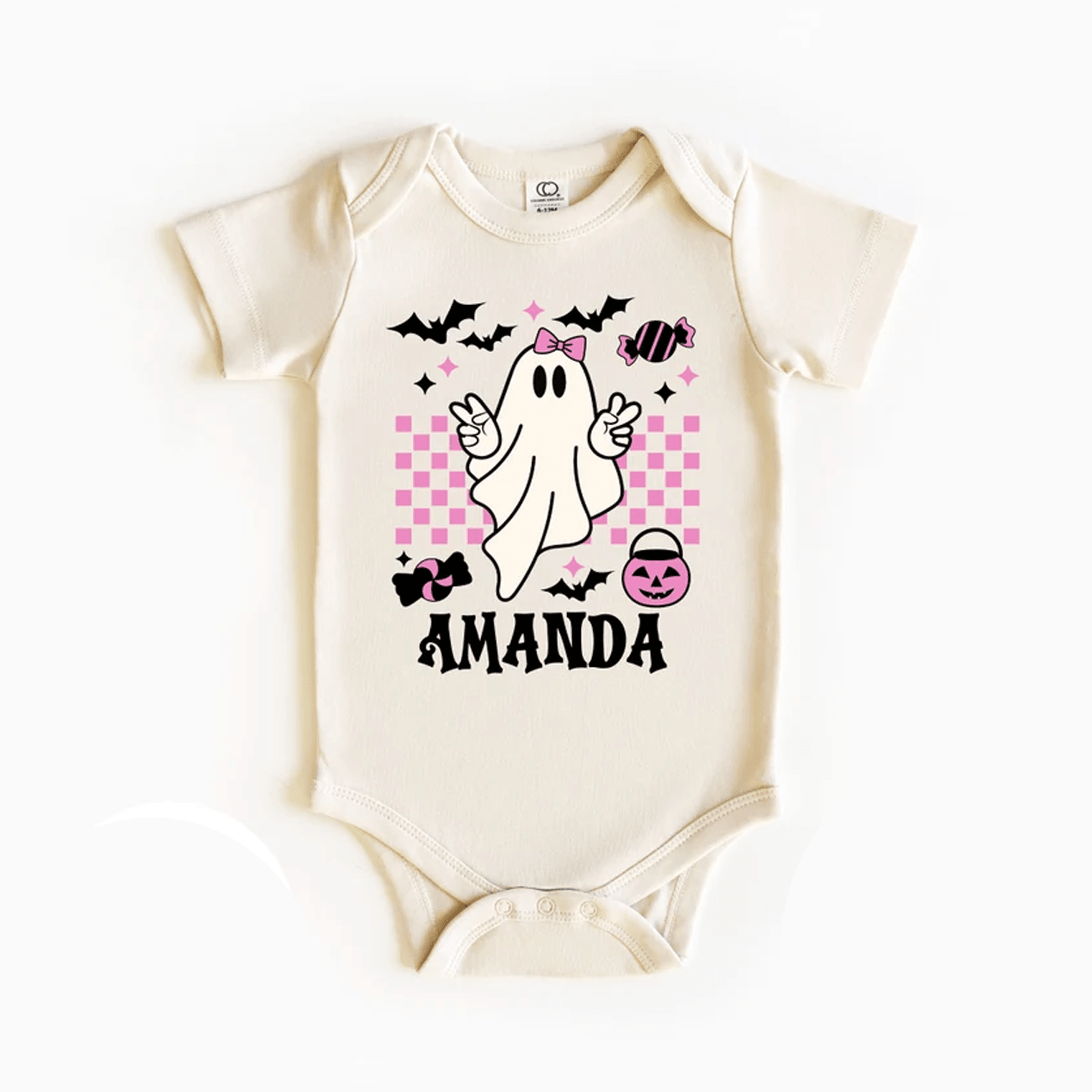 personalized pink ghosttee, custom name girly halloween design, spooky cute gift for girls, pink fall bedroo