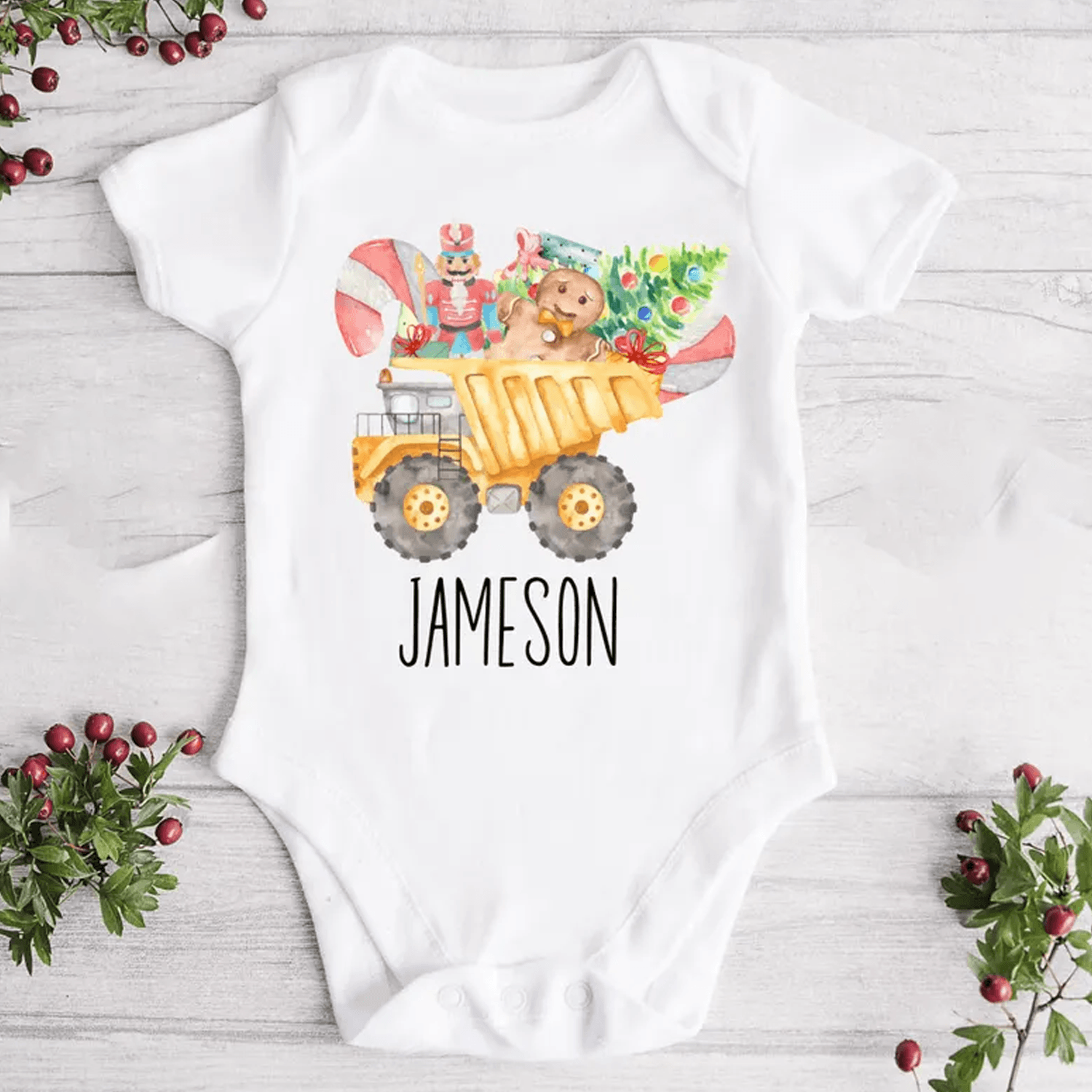 personalized christmas dump truck kids shirt custom name holiday construction tee toddler baby onesie xmas gift