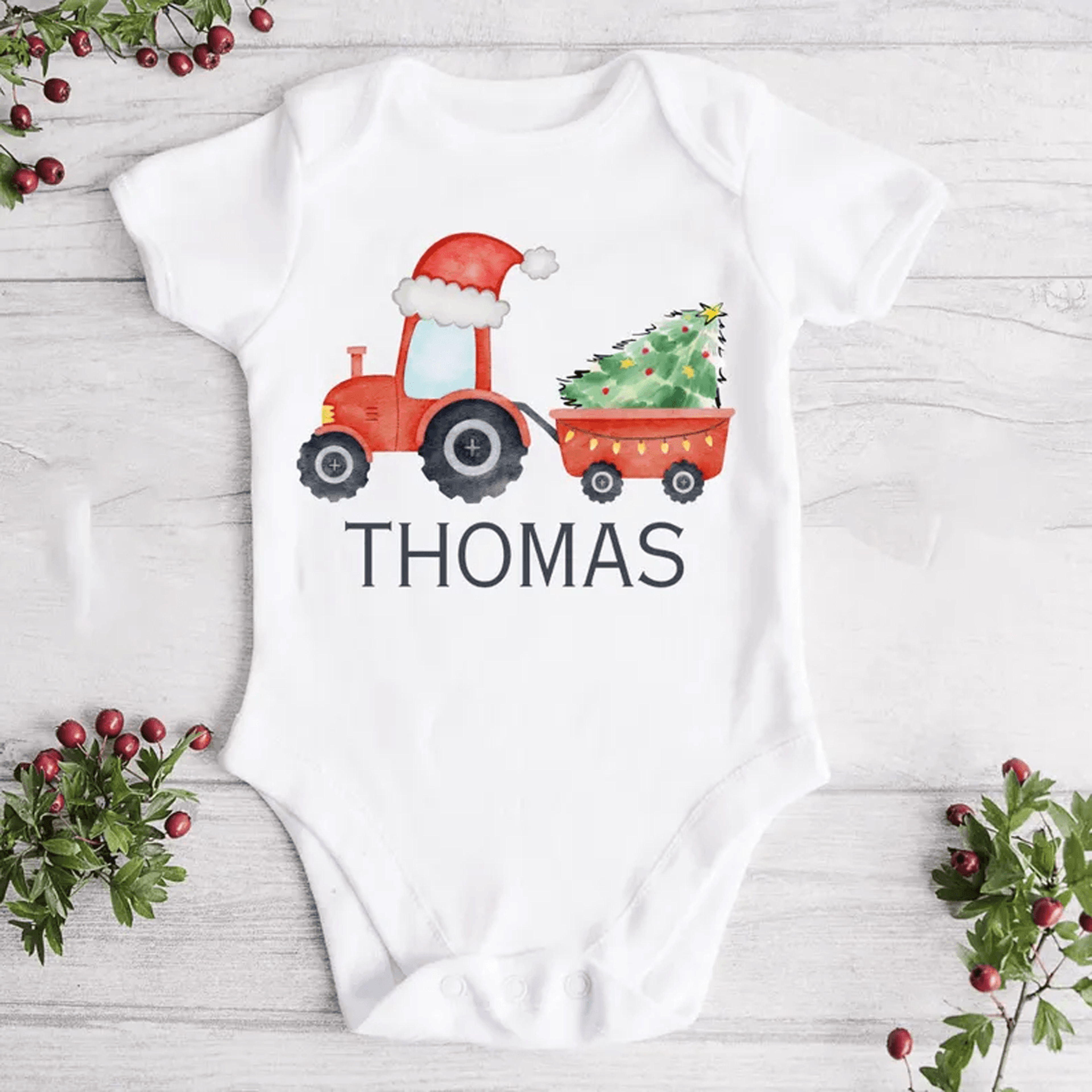 personalized red tractor christmas kids shirt custom name holiday farm tee toddler baby onesie christmas gift
