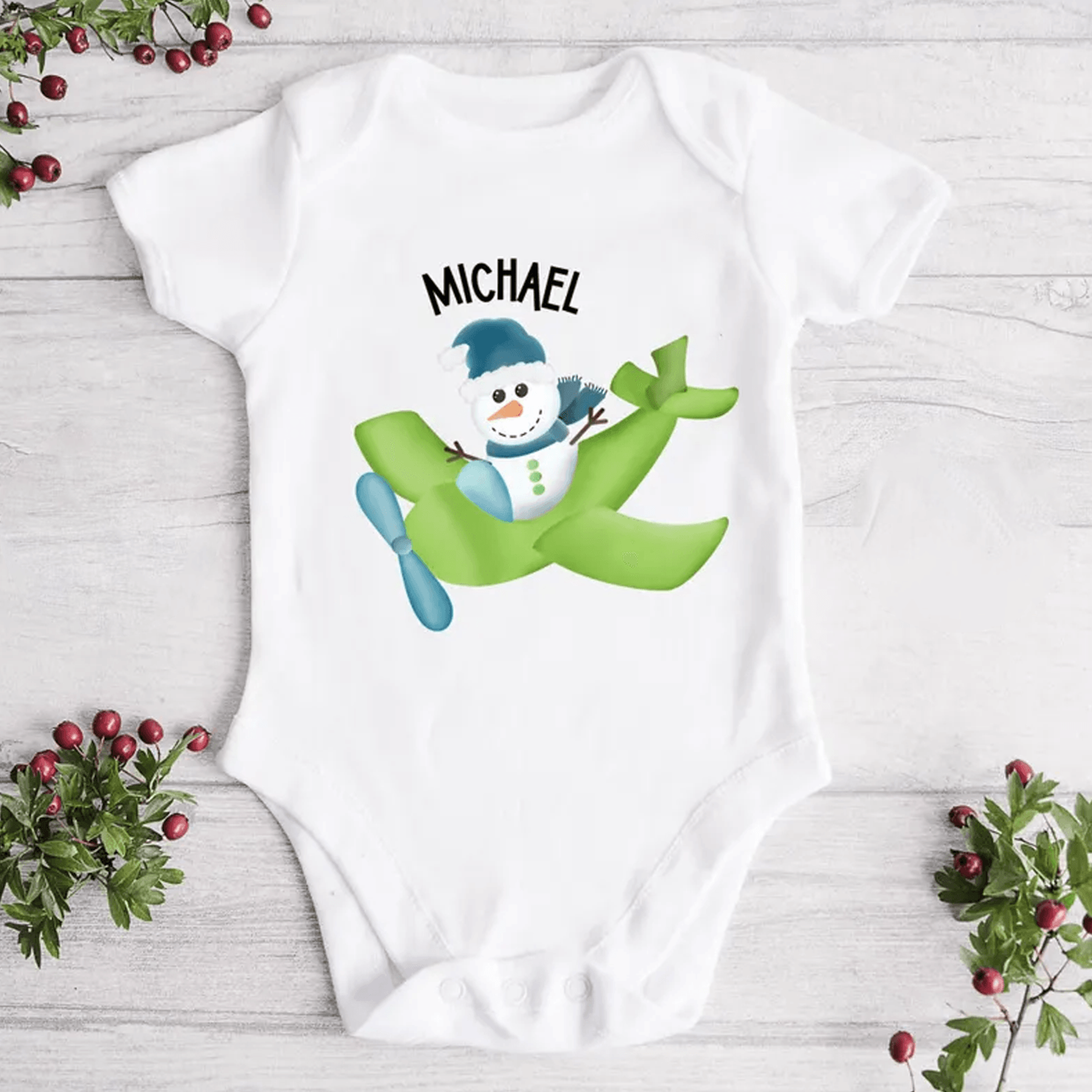 personalized snowman airplane christmas baby onesie custom name holiday boys shirt cute aviation toddler xmas gift