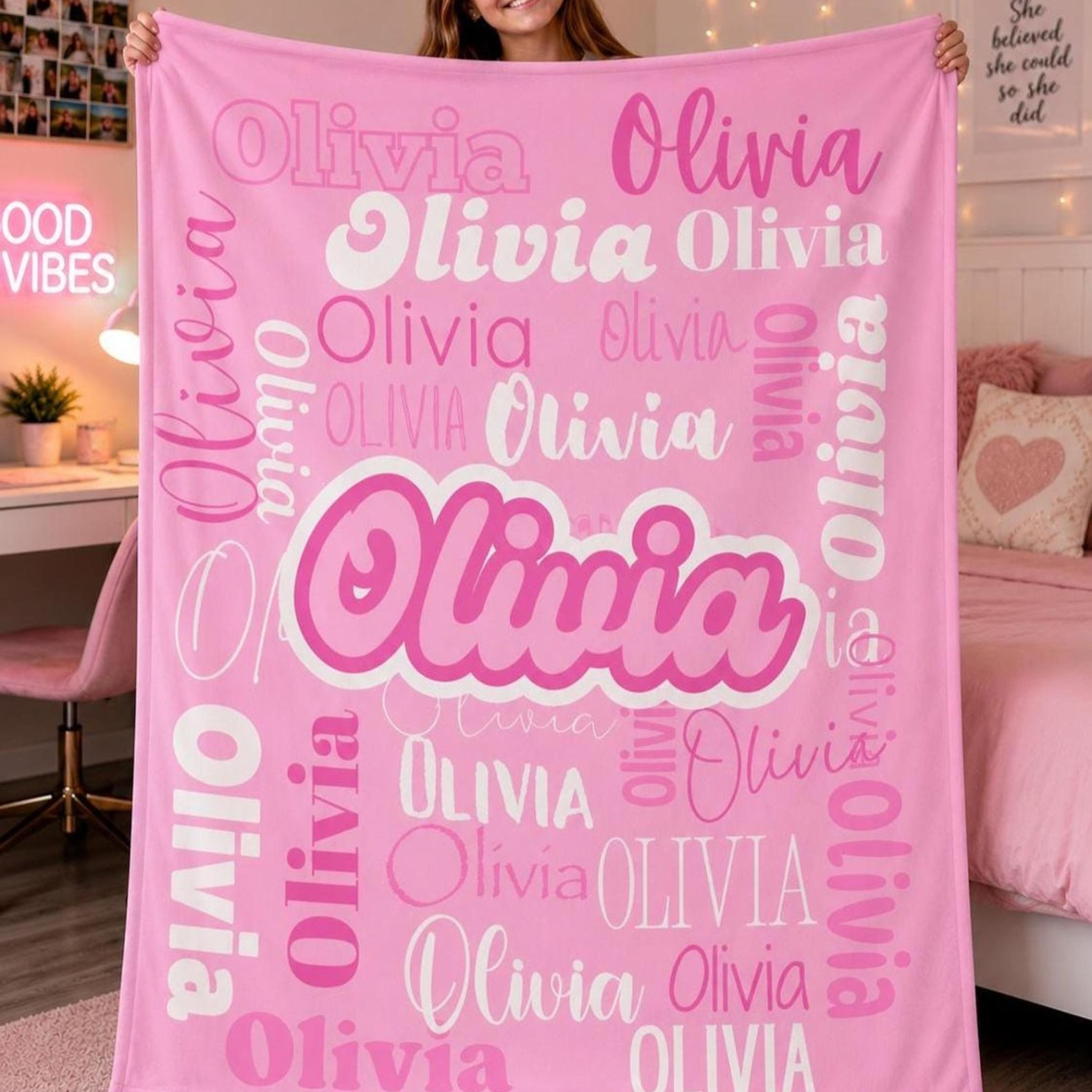 personalized name collage plush blanket, custom repeating name velveteen throw, cozy kids bedroom decor, birthday gift