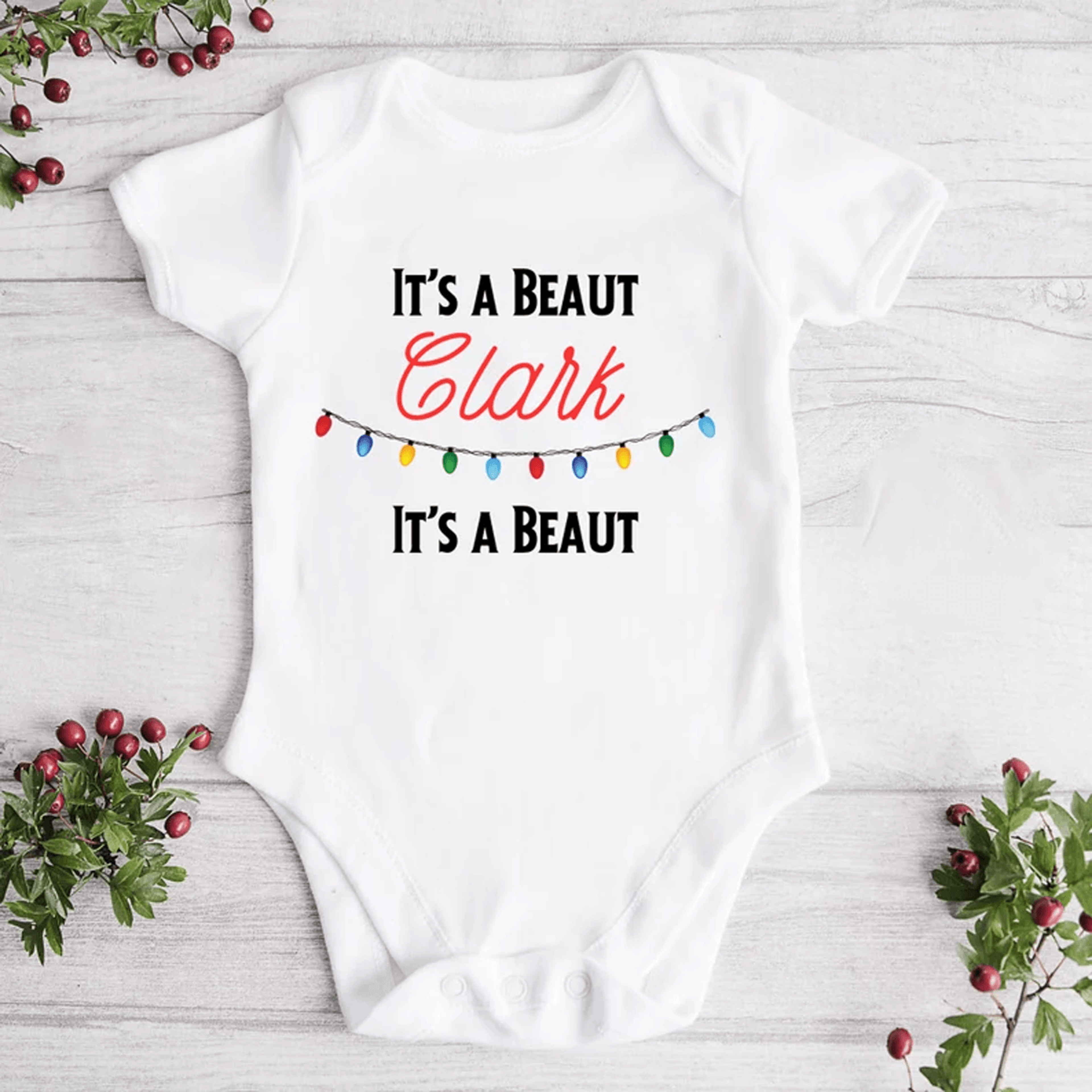 its a beaut clark christmas onesie, funny baby holiday bodysuit, christmas vacation inspired baby outfit, xmas gift