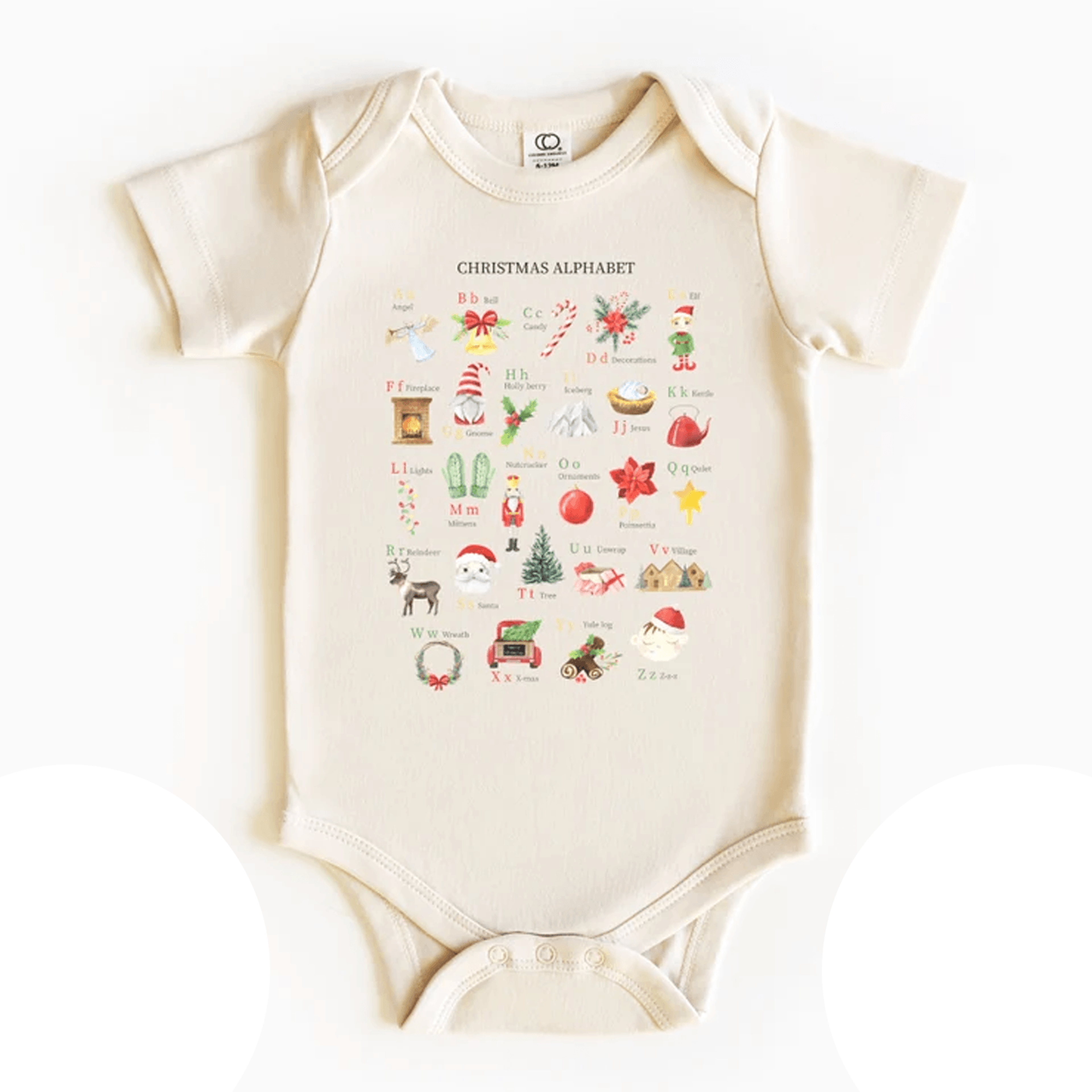 christmas alphabet baby onesie, abc holiday bodysuit, cute kids christmas outfit, festive alphabet infant xmas gift