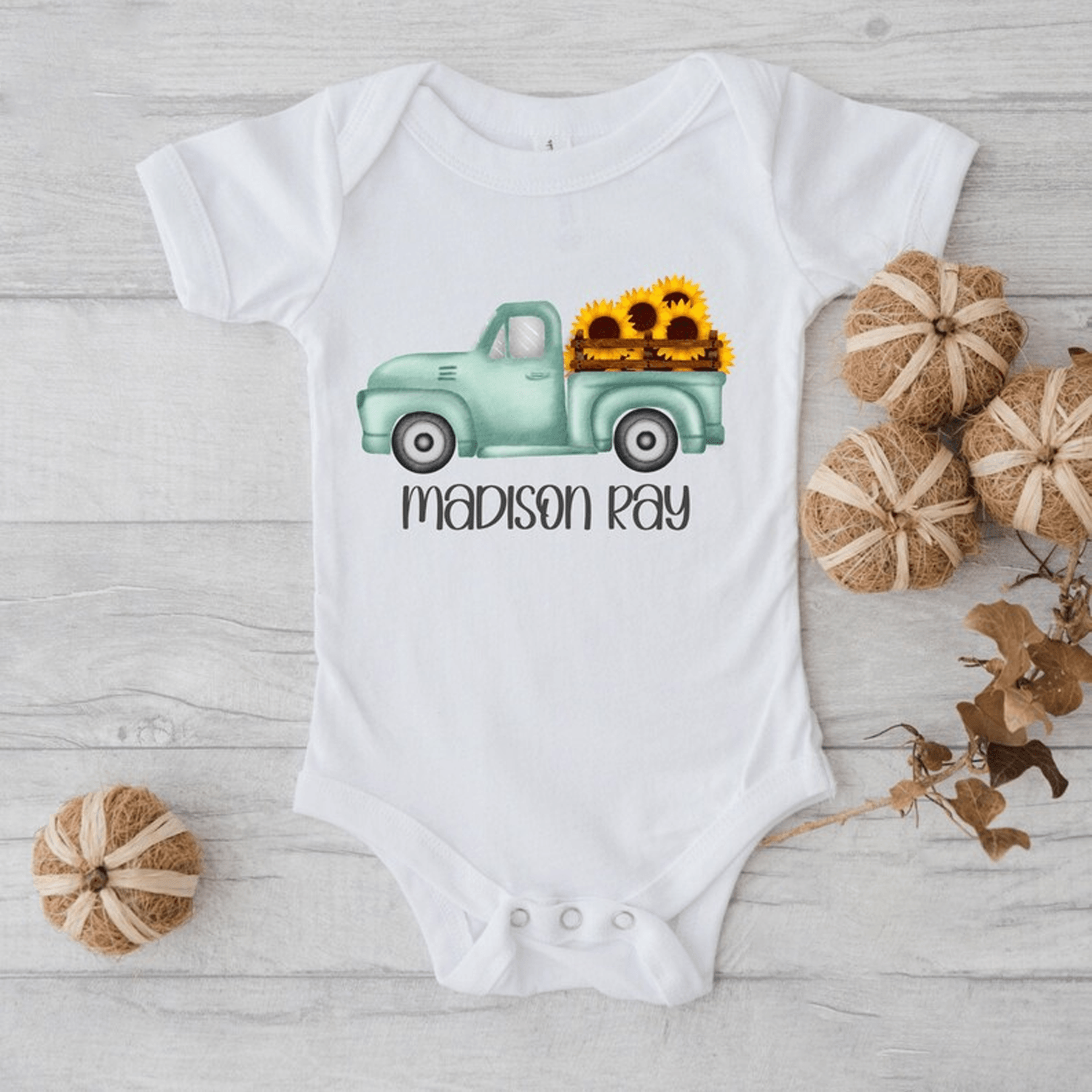 personalized blue truck sunflower shirt, fall pumpkin kids t-shirt, custom name toddler shirt, autumn baby outfit