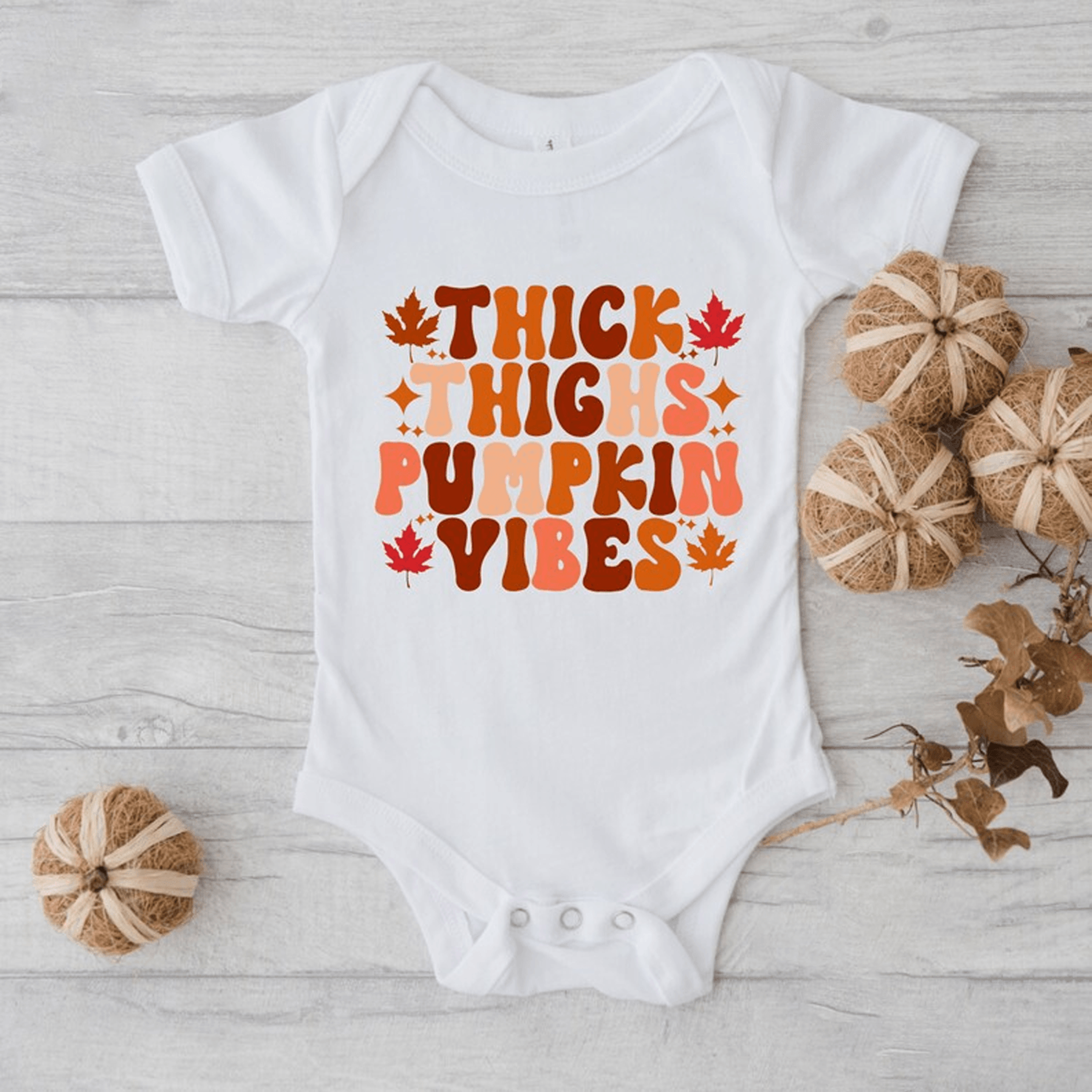 thick thighs pumpkin vibes baby onesie, fall kids shirt, cute pumpkin toddler tee, thanksgiving baby outfit