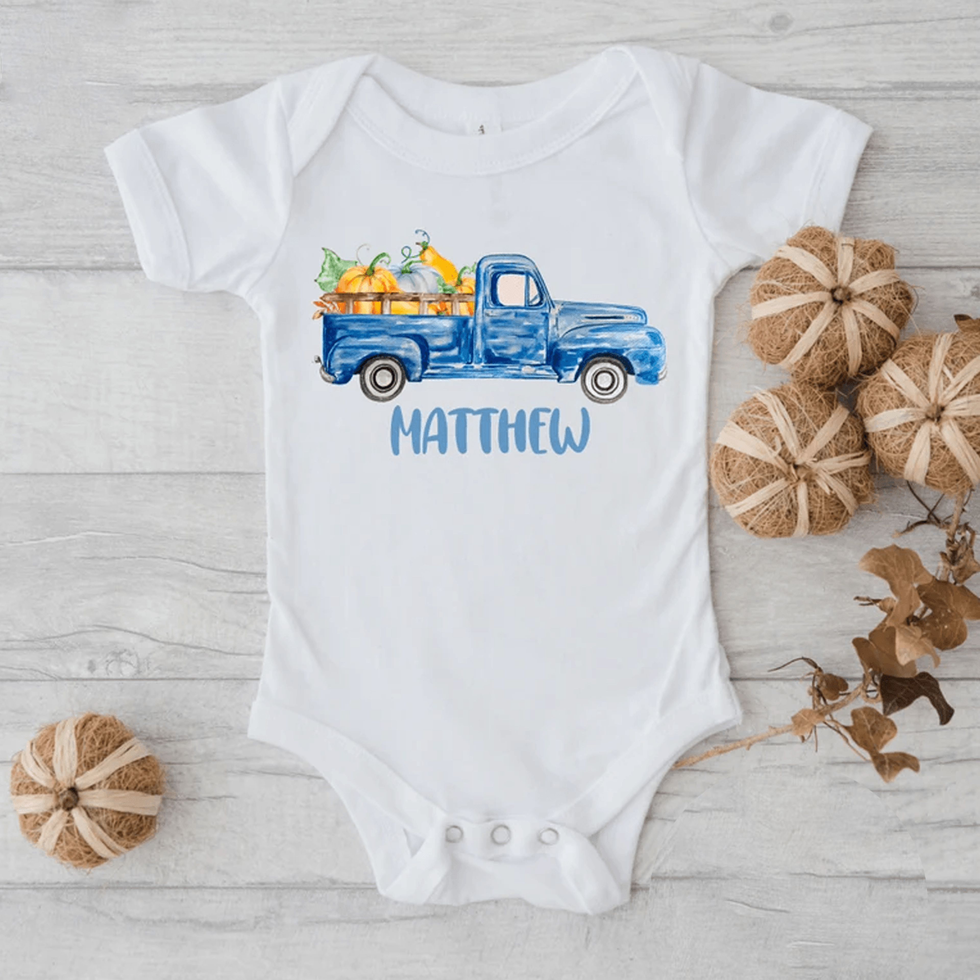 personalized pumpkin truck kids shirt, custom name fall baby onesie, cute autumn toddler tee, pumpkin patch outfit