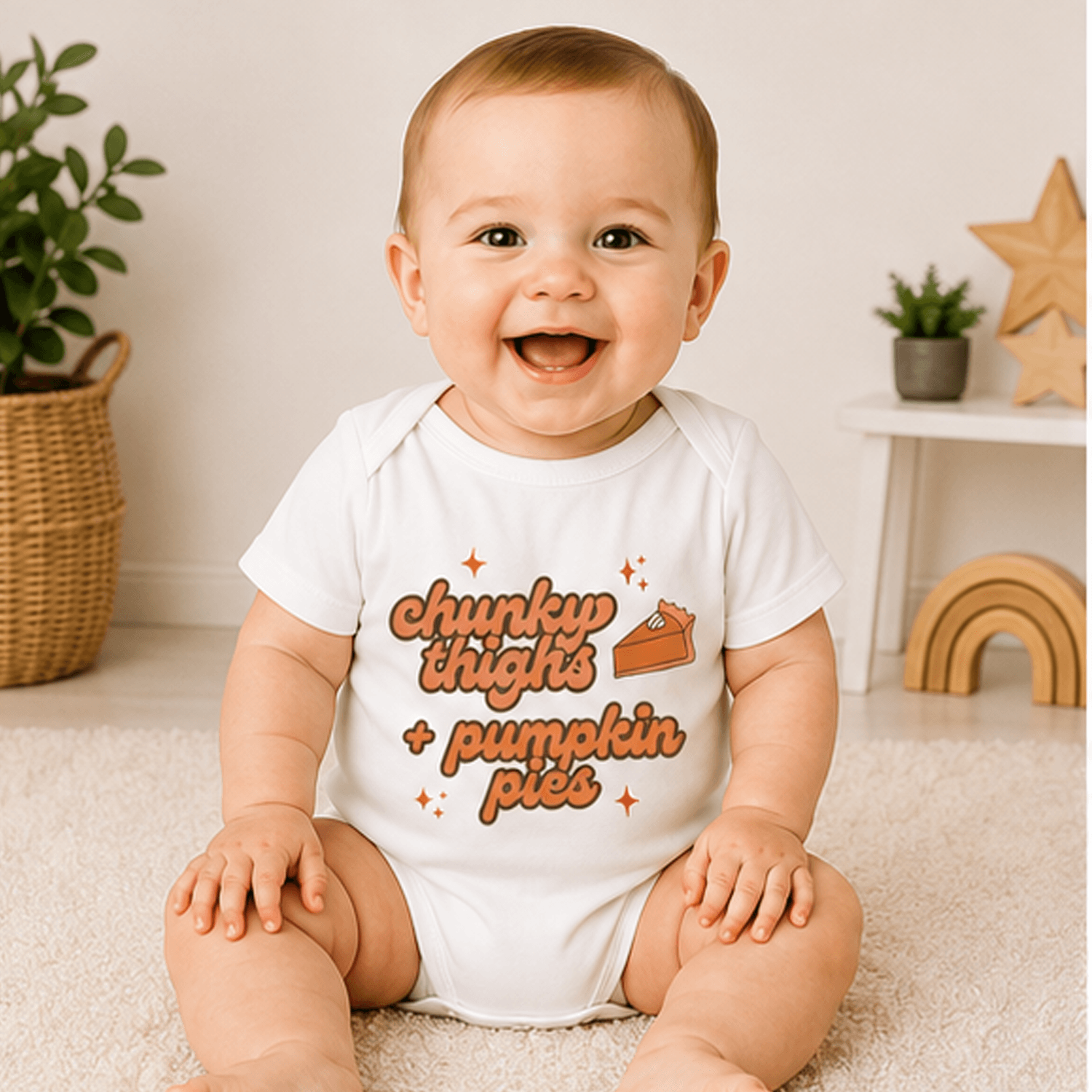 chunky thighs pumpkin pies baby bodysuit, funny thanksgiving onesie, cute turkey day infant outfit, fall newborn gift