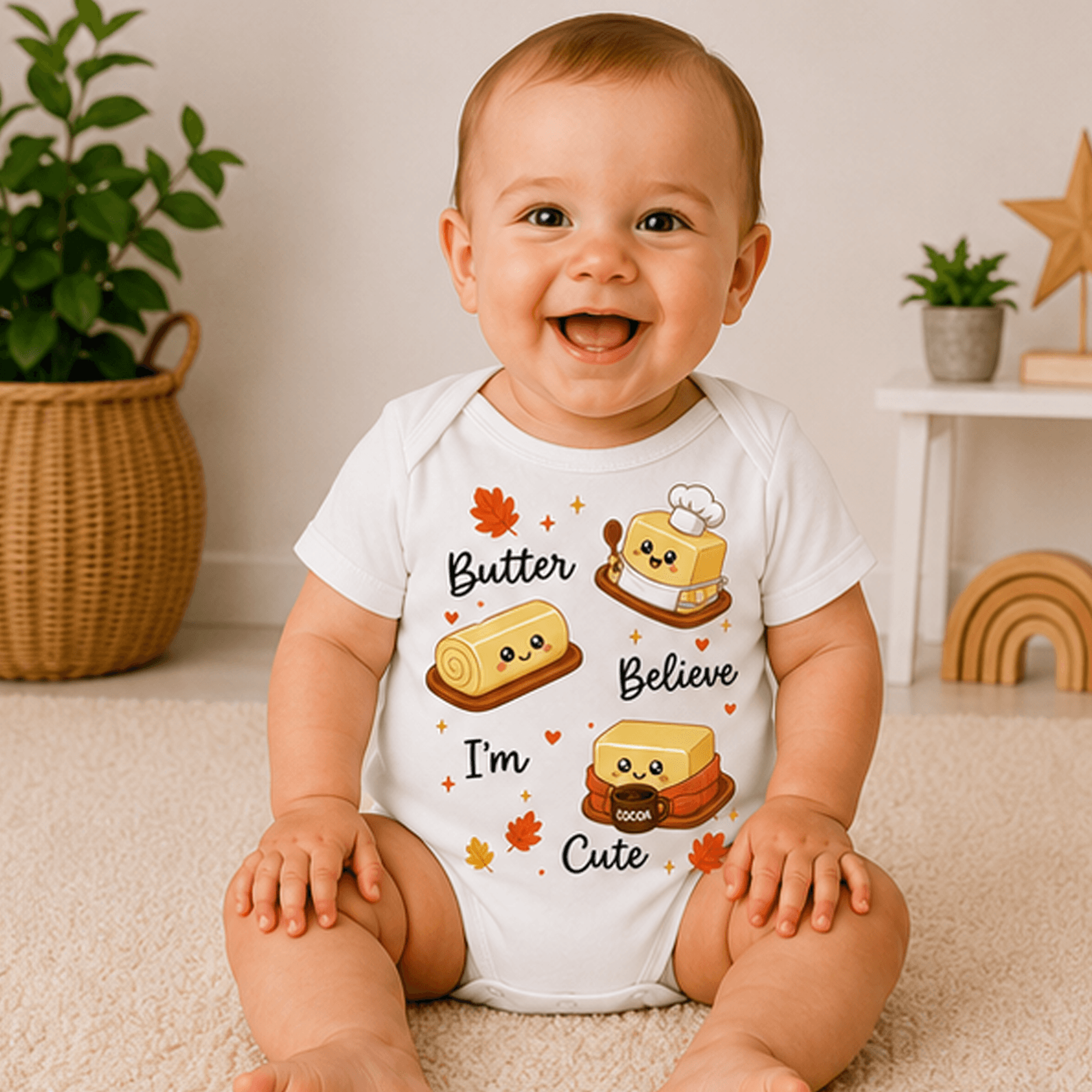butter believe i'm cute baby bodysuit, funny thanksgiving onesie, personalized turkey day baby shirt, fall baby gift