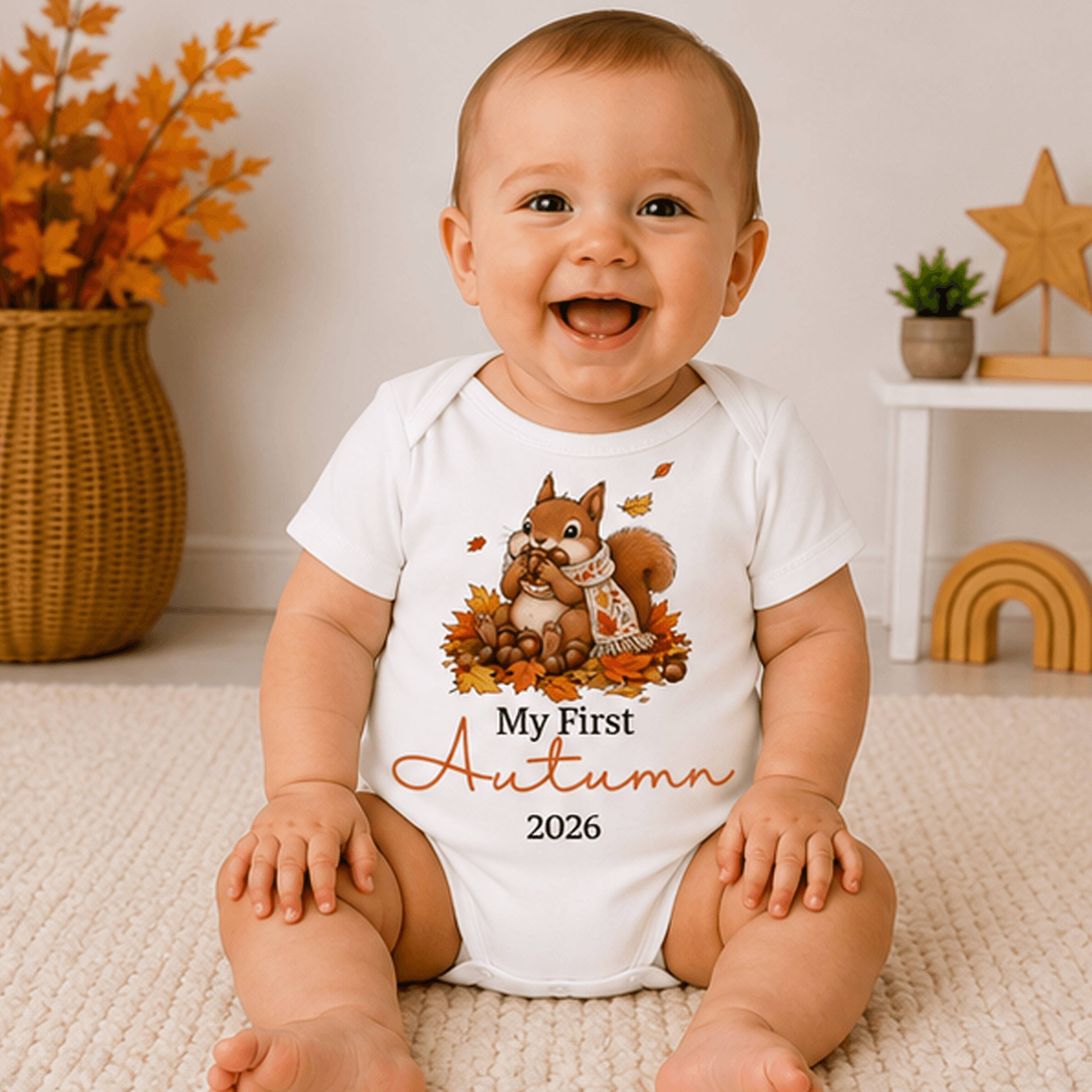 my first autumn baby onesie, personalized fall baby bodysuit, squirrel newborn outfit, custom year first fall baby gift
