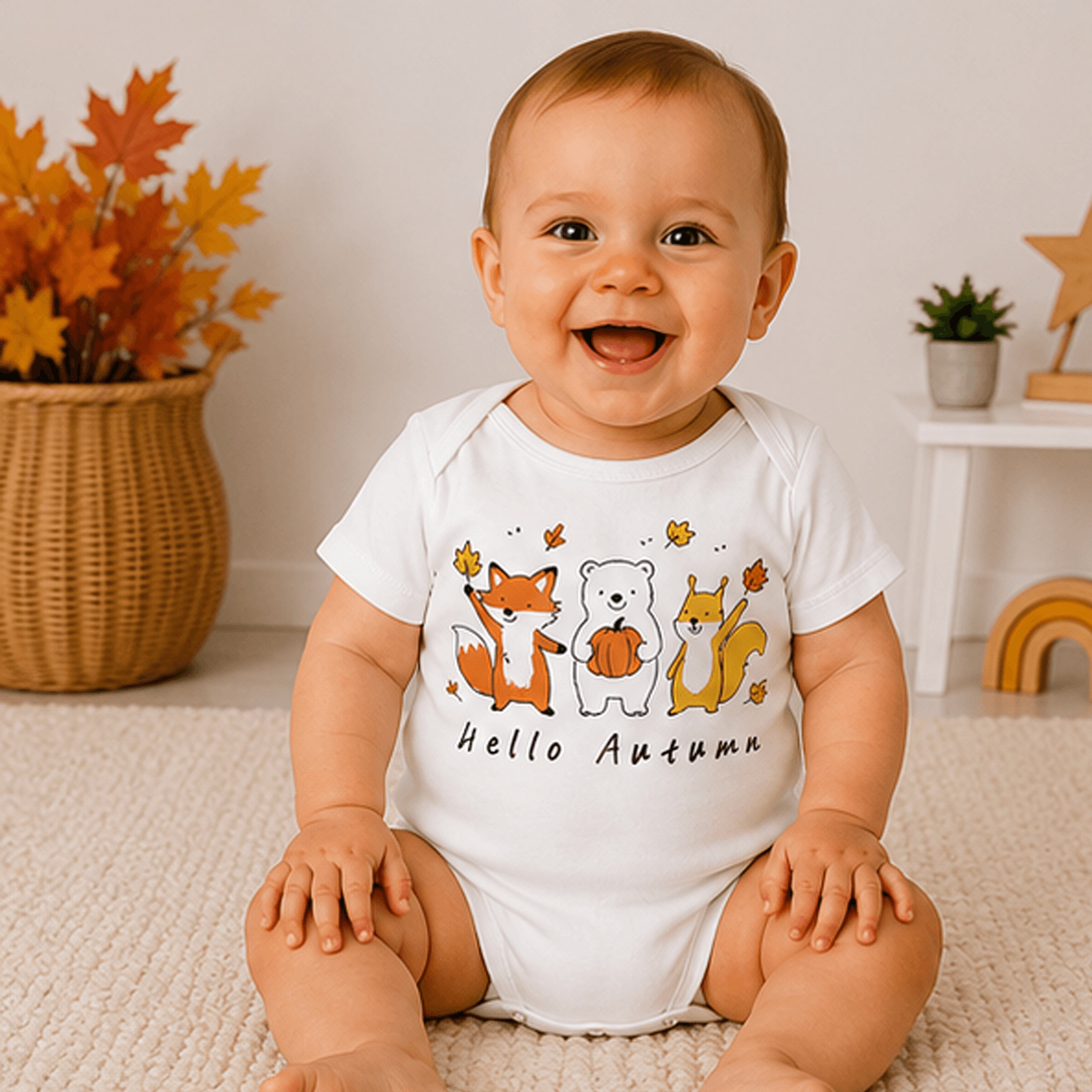 hello autumn woodland animals baby shirt, fox bear squirrel fall bodysuit, gender neutral baby outfit, autumn baby gift