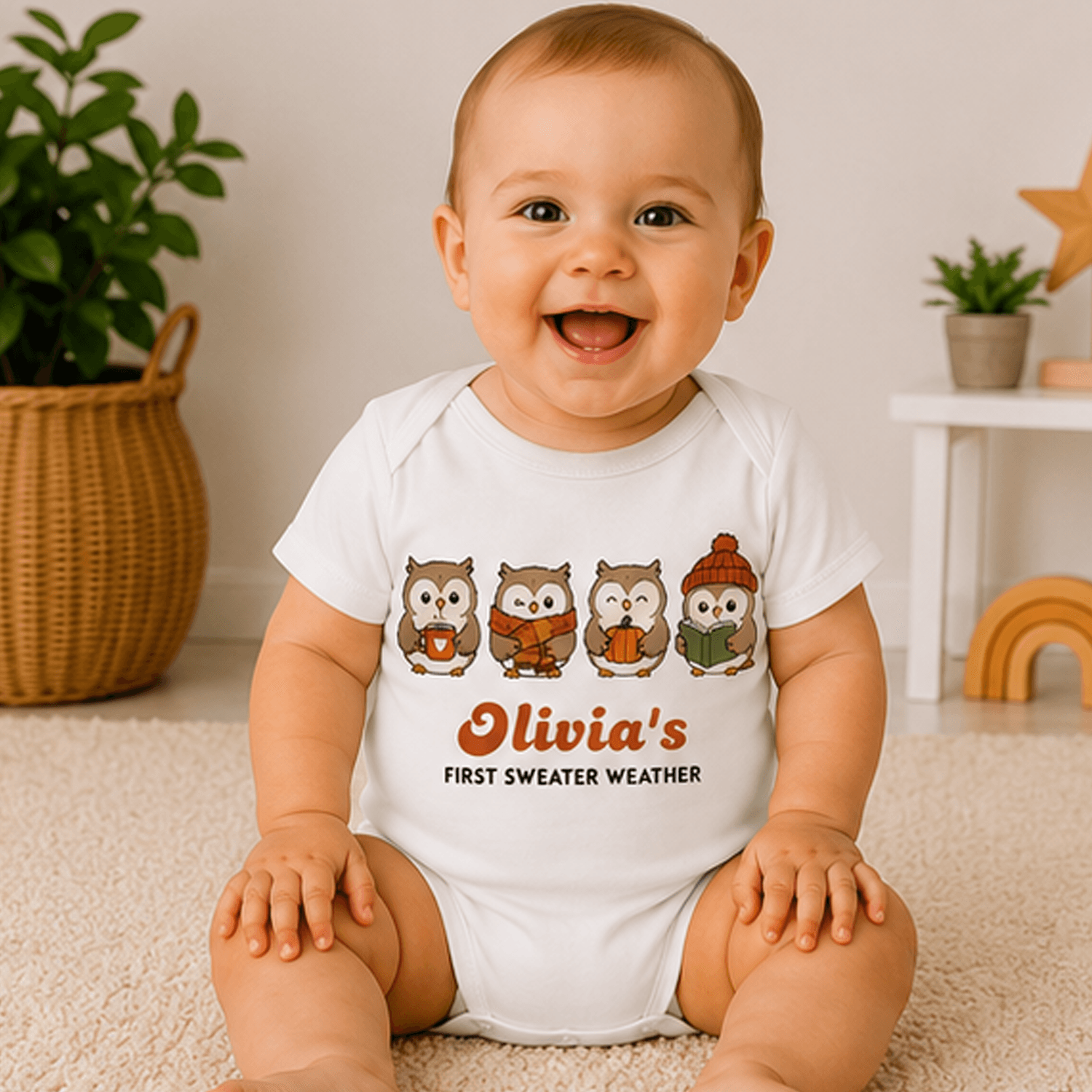 welcome to sweater season personalized baby shirt, owl fall baby bodysuit, custom name first sweater weather onesie