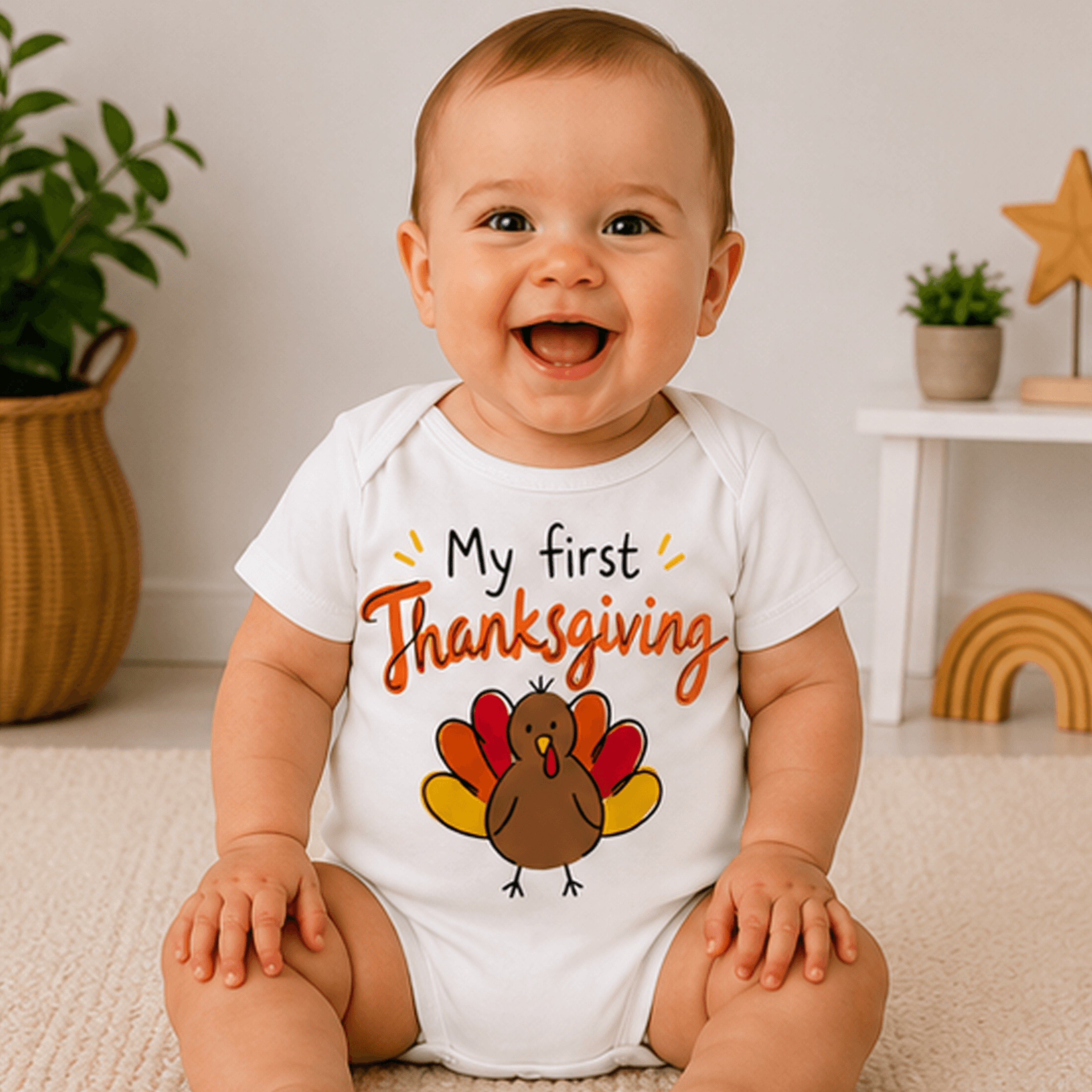 personalized my first thanksgiving baby bodysuit, custom name turkey onesie, baby first turkey day outfit, fall baby gif