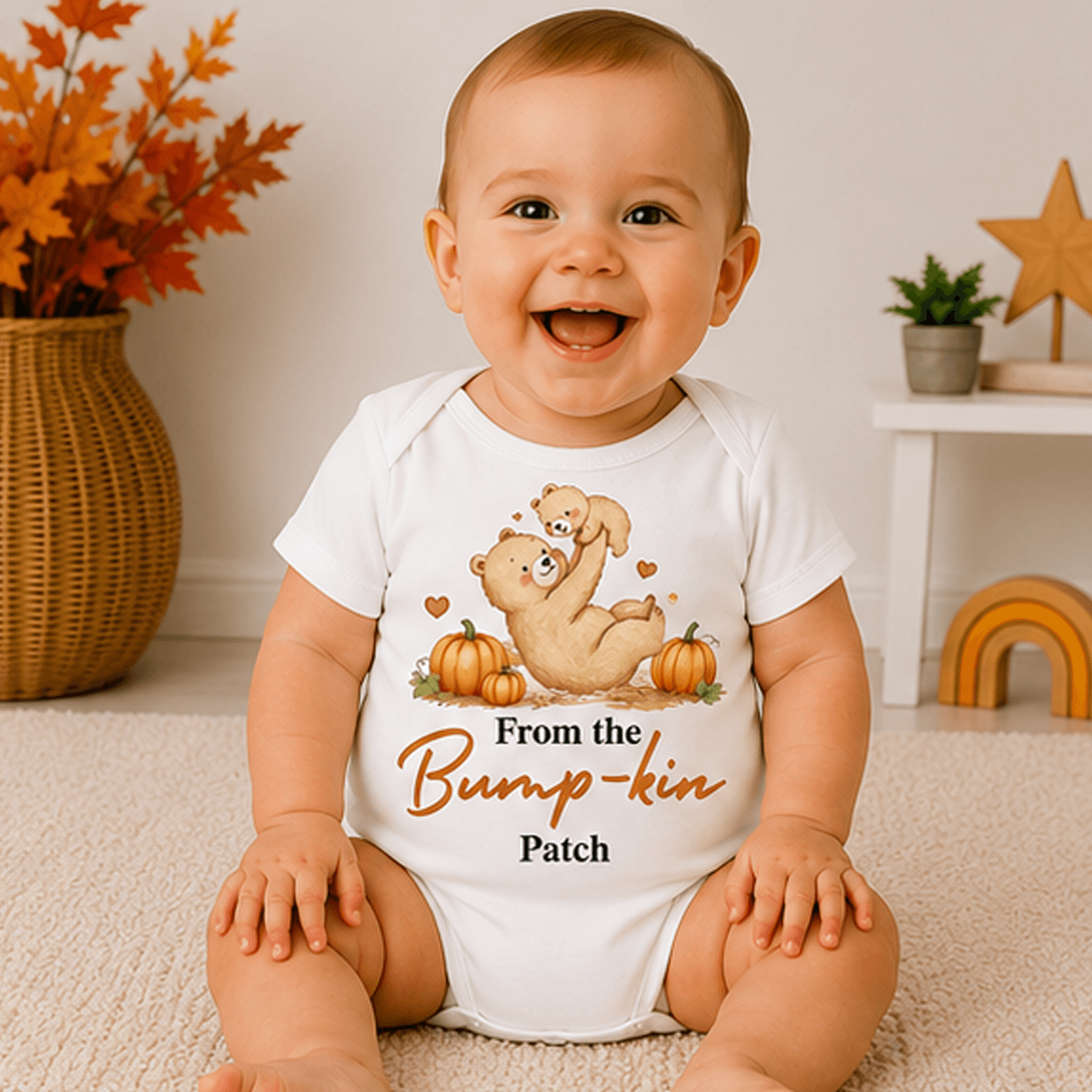 from the bump-kin patch personalized baby bodysuit, custom name pumpkin onesie, fall newborn outfit, baby shower gift