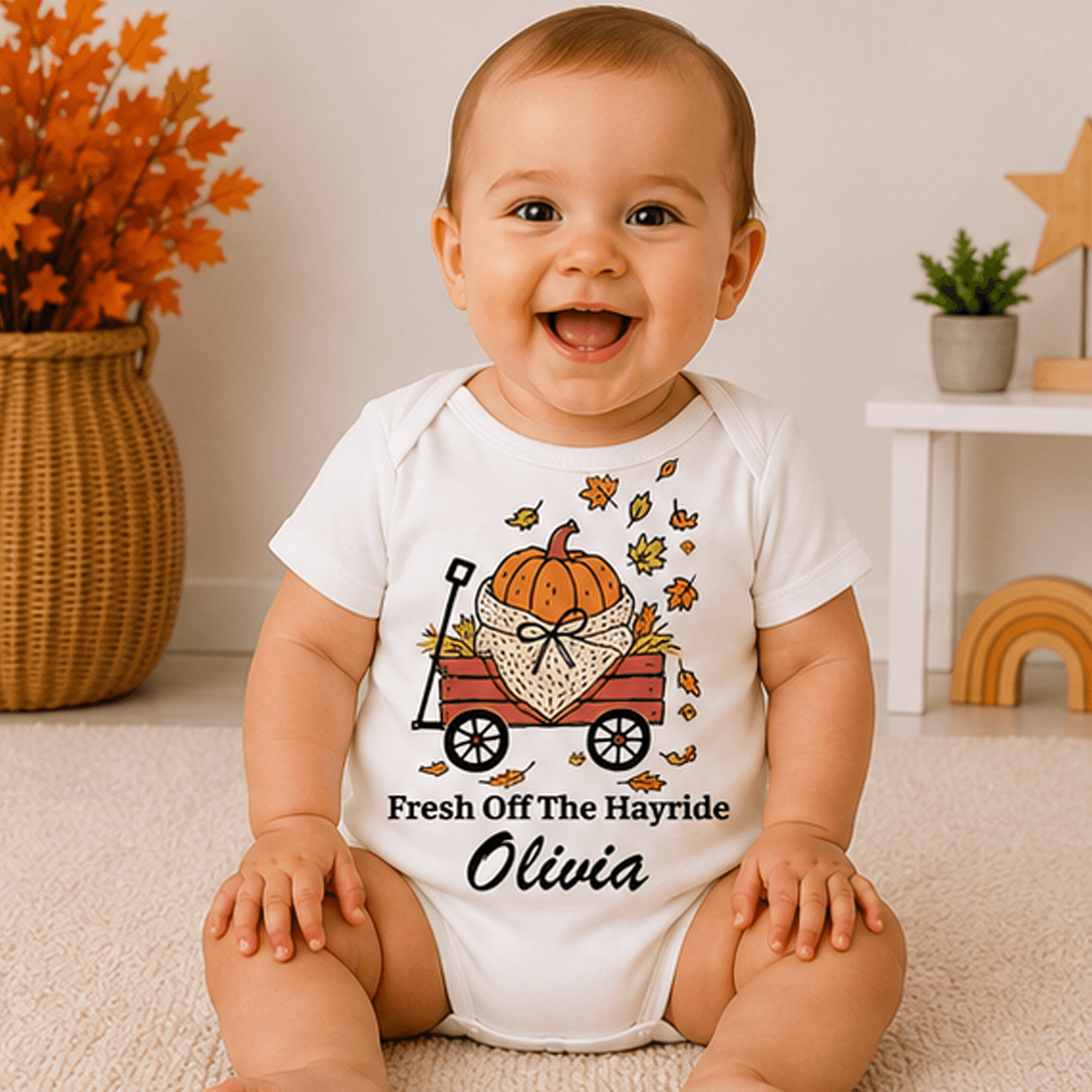 fresh off the hayride personalized baby onesie, custom name fall bodysuit, pumpkin patch newborn outfit, autumn gift