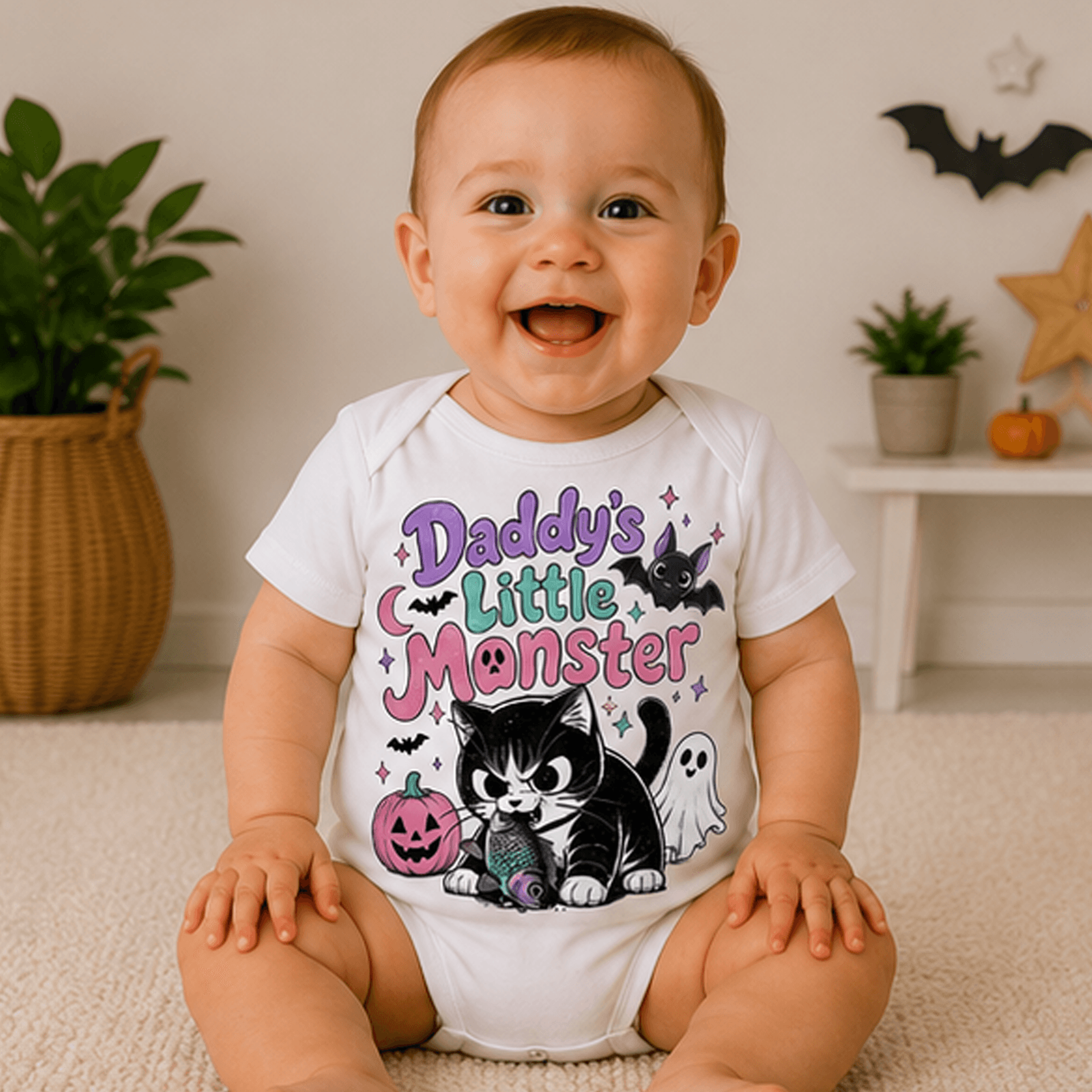 daddy's little monster halloween baby shirt, personalized black cat bodysuit, pastel goth baby girl halloween outfit
