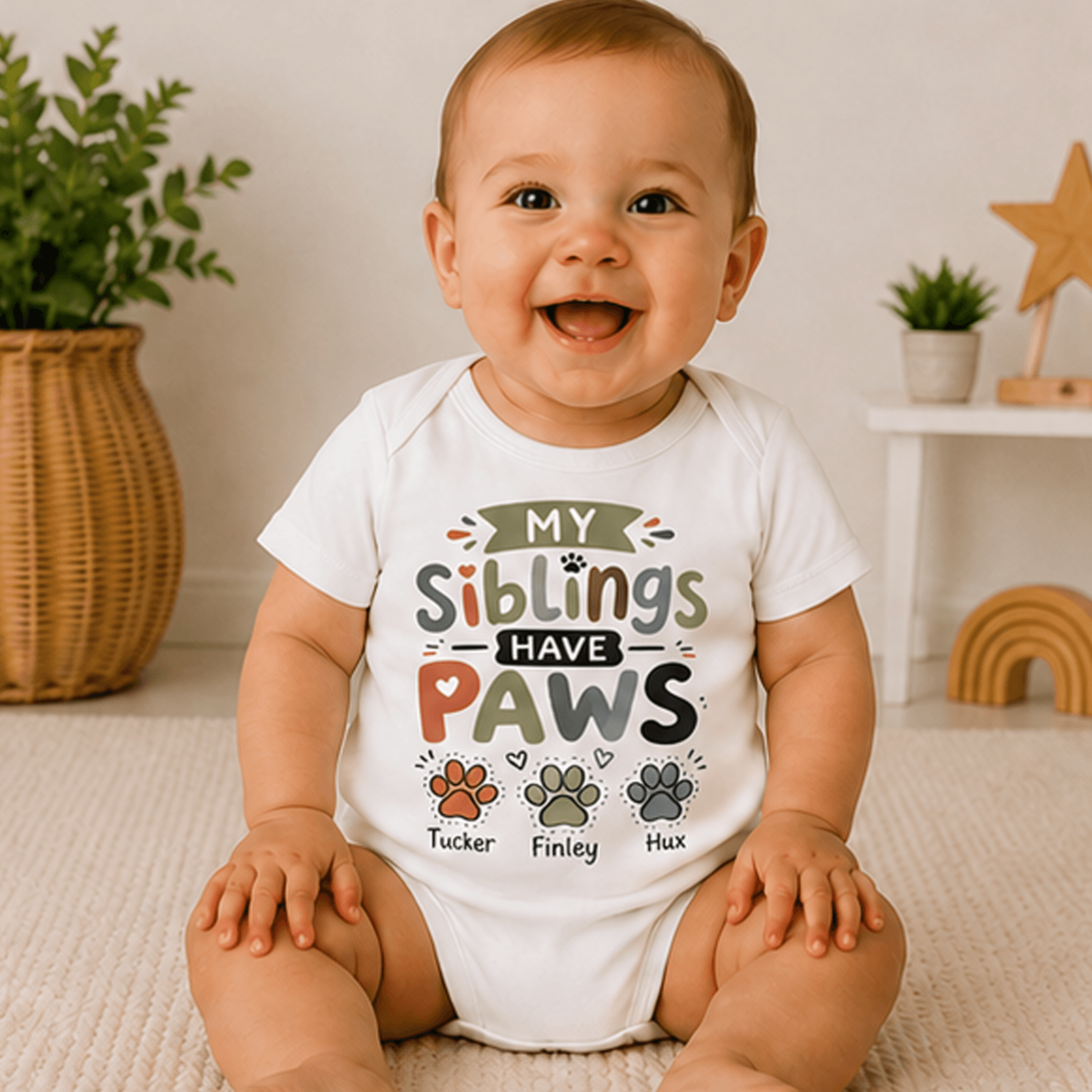 my siblings have paws baby bodysuit, personalized dog name onesie, pet sibling newborn shirt, custom baby shower gift