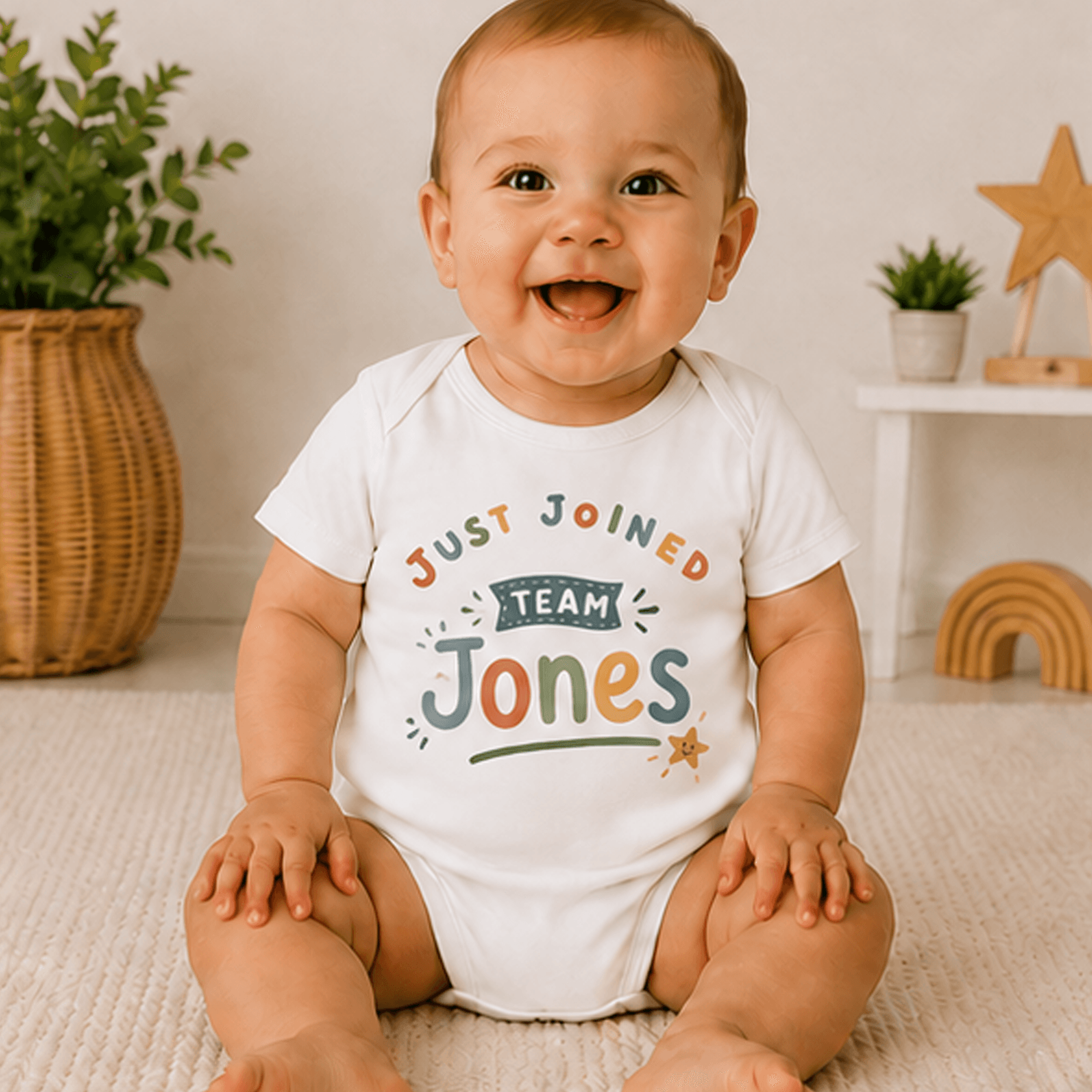 just joined team personalized baby bodysuit, custom family name onesie, newborn announcement outfit, baby shower gift