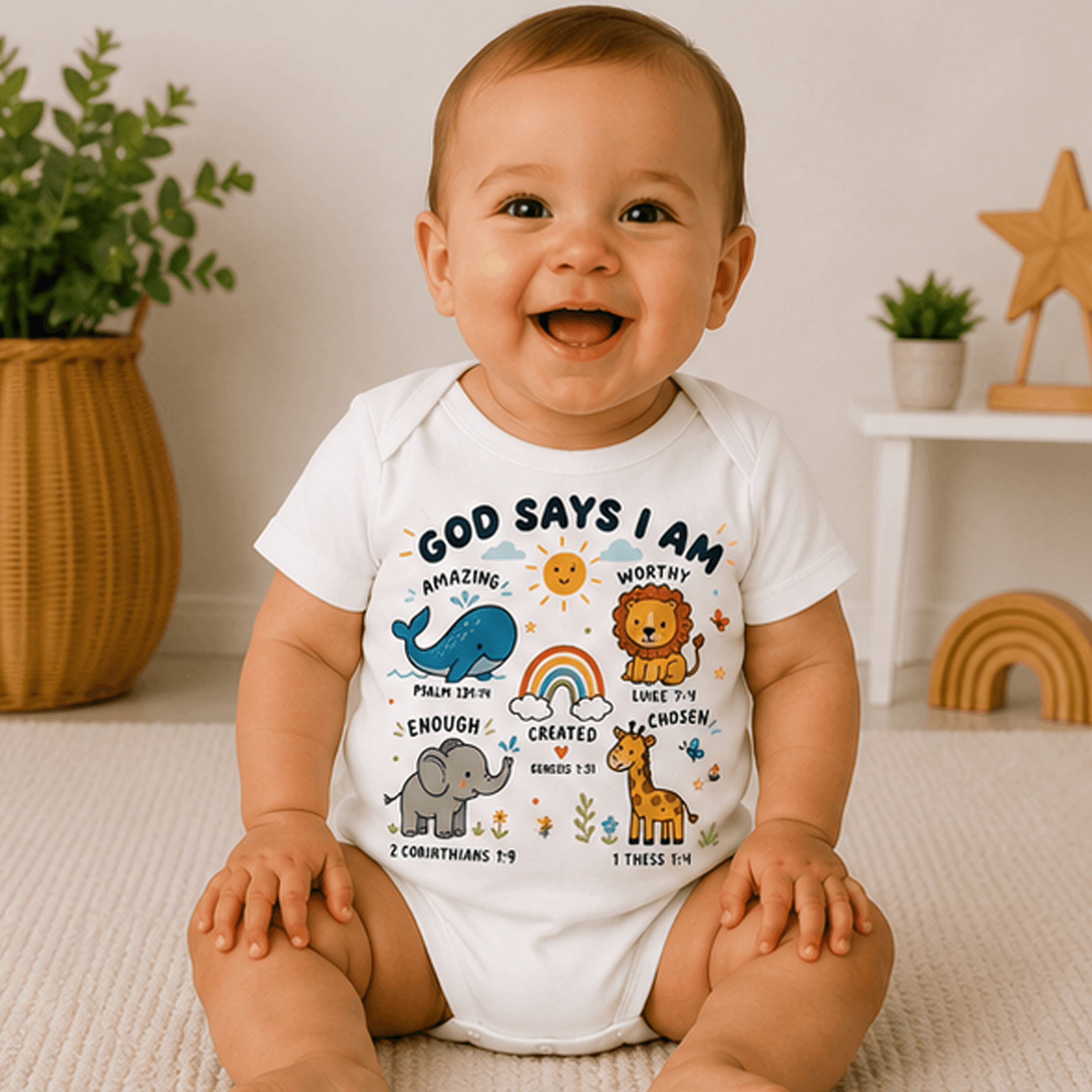 god says i am baby bodysuit, christian baby onesie, bible verse newborn outfit, faith based baby shower gift