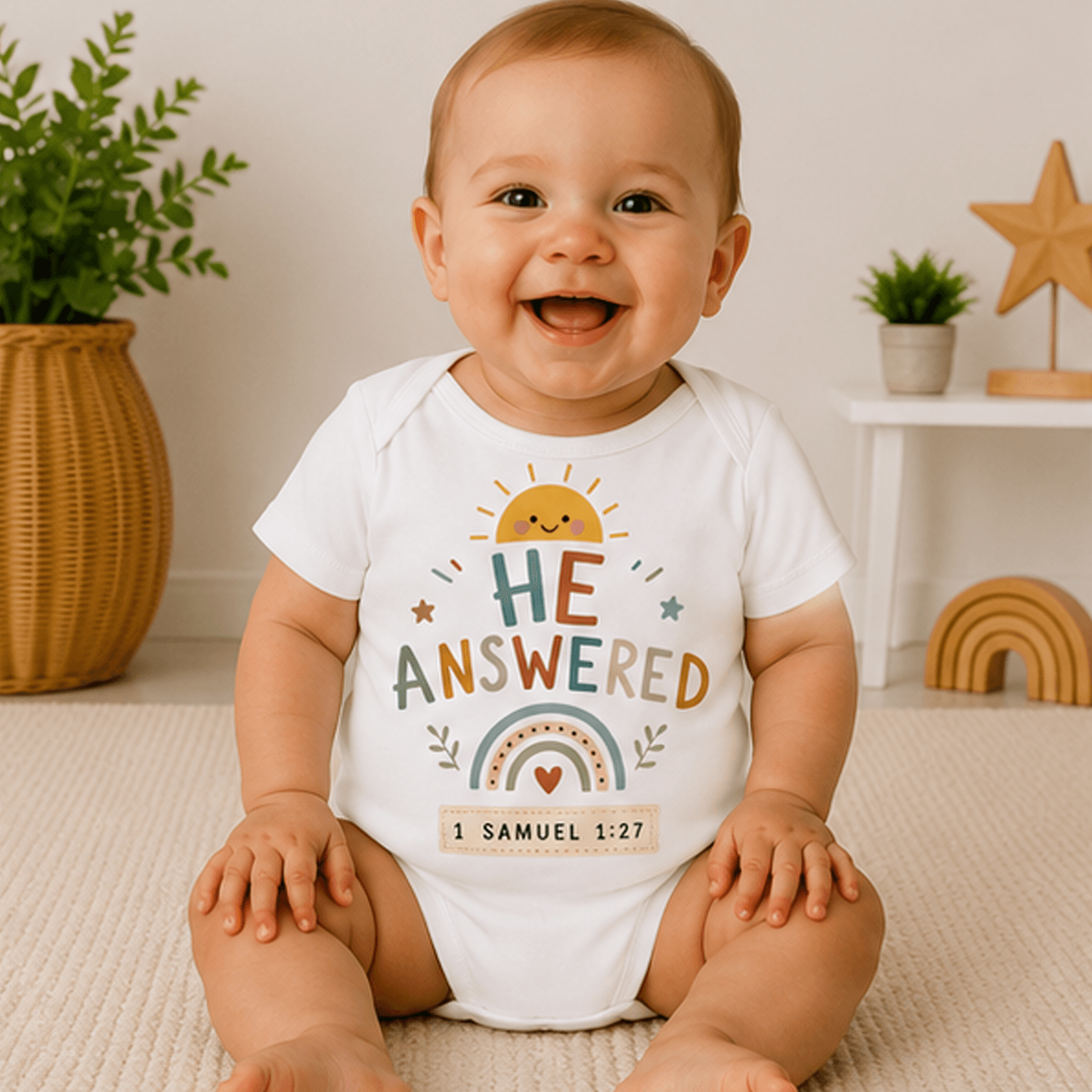 he answered baby bodysuit, christian baby onesie, bible verse infant outfit, faith newborn shirt, christian baby gift