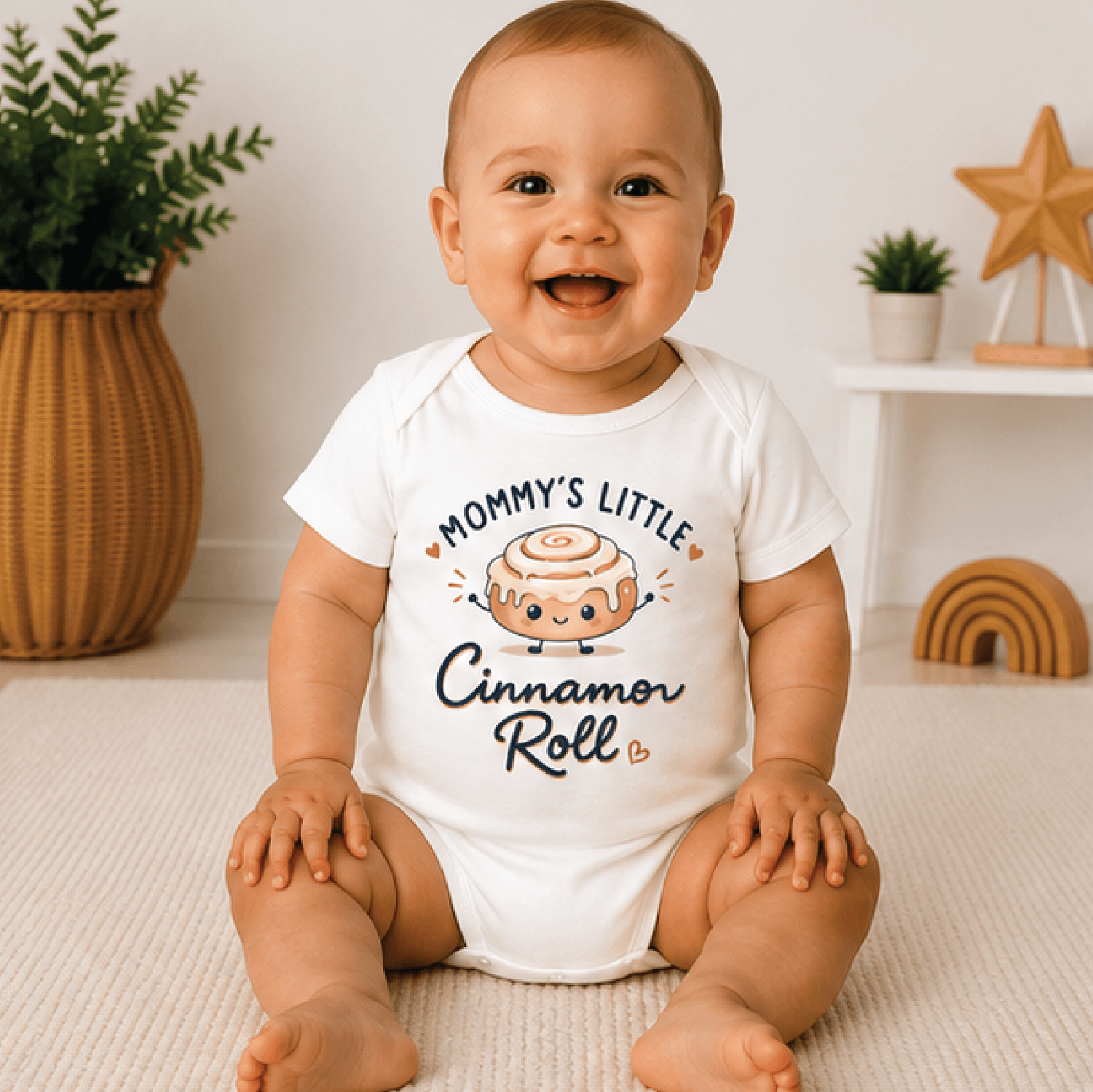 mommy's little cinnamon roll baby bodysuit, cute bakery baby onesie, funny food newborn outfit, baby shower gift
