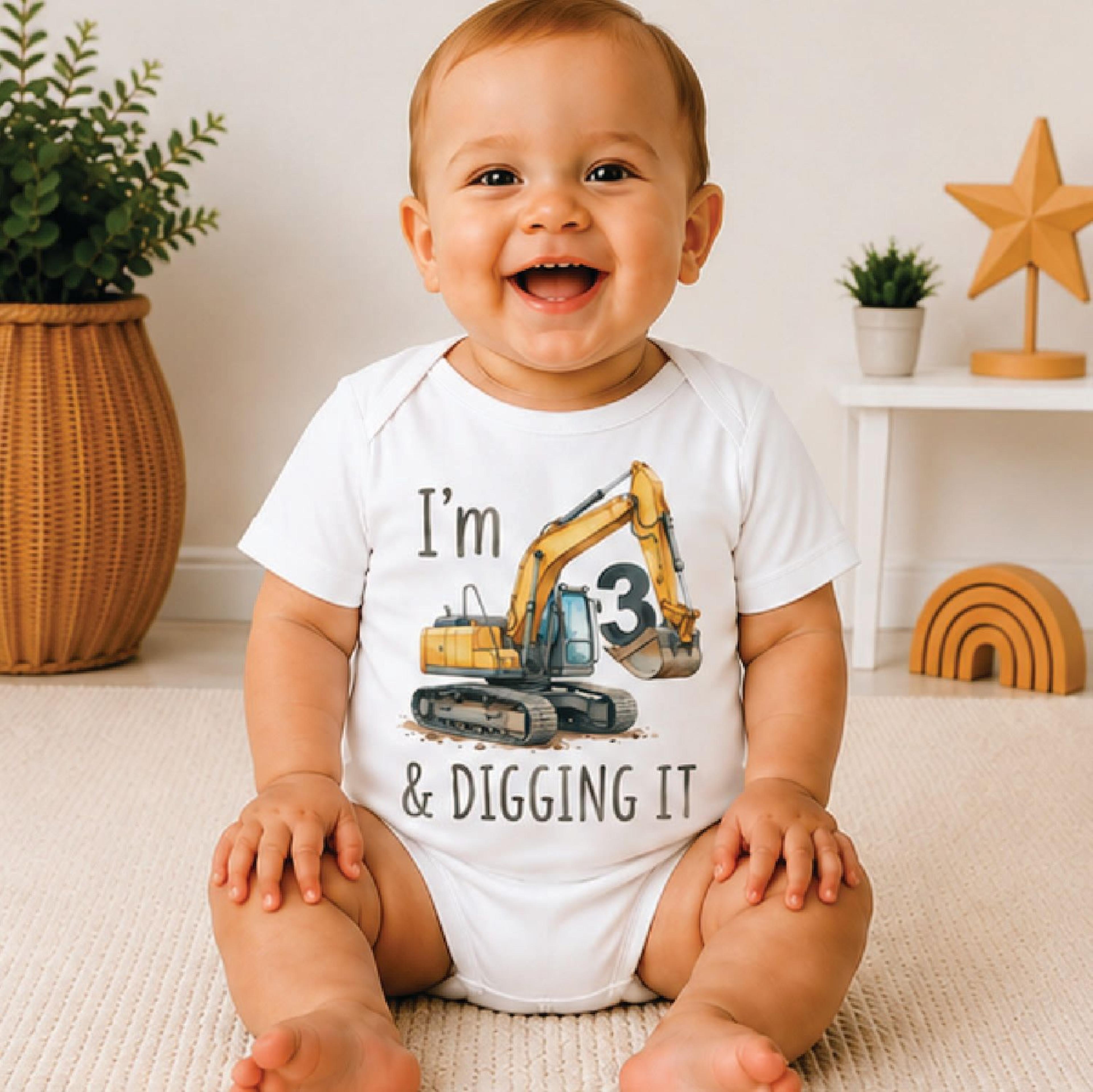 i'm 3 and digging it toddler shirt, excavator 3rd birthday tee, construction birthday boy shirt, digger party outfit