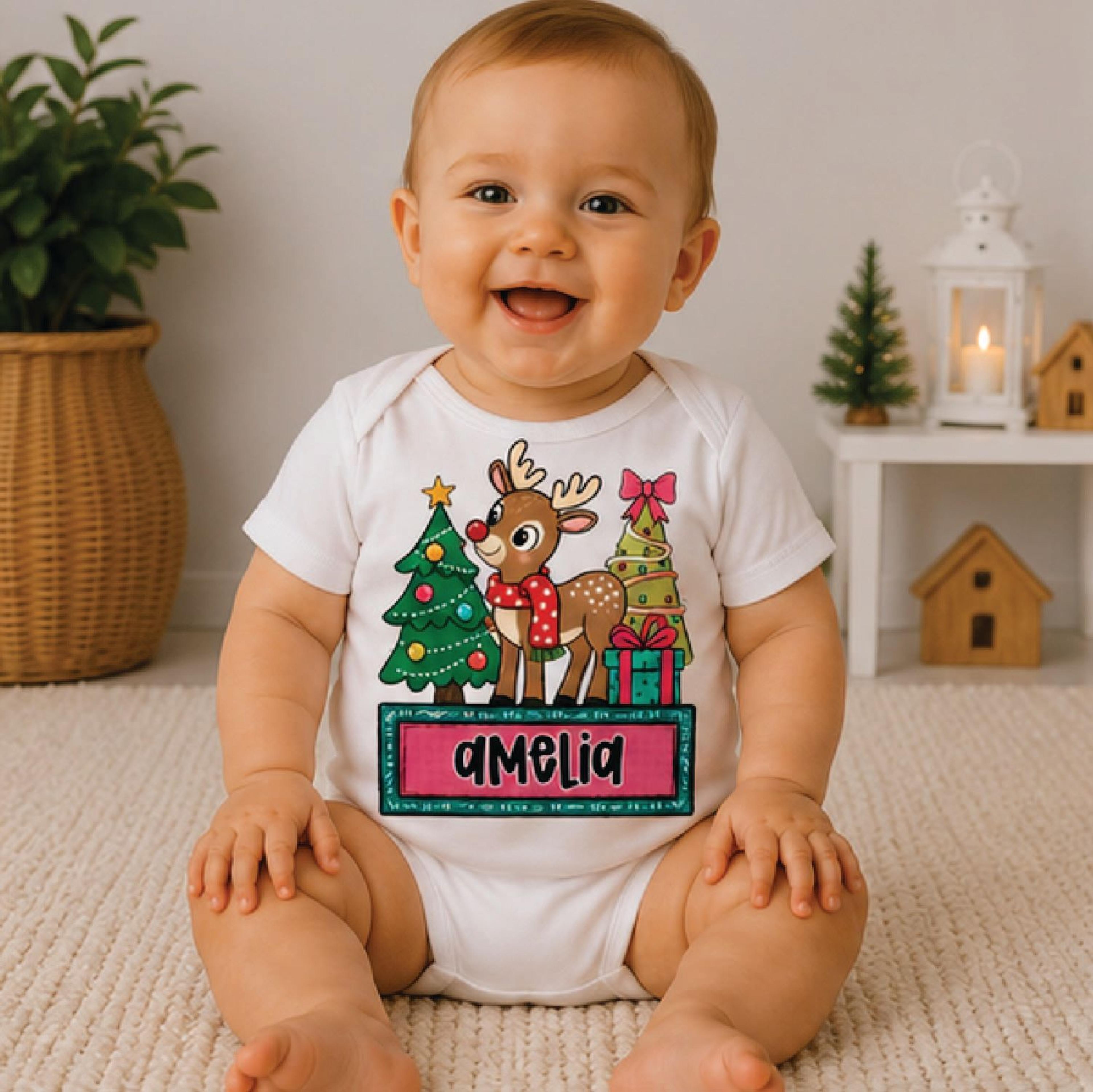 personalized christmas reindeer kids shirt, custom name toddler tee, cute holiday baby bodysuit, reindeer christmas gift
