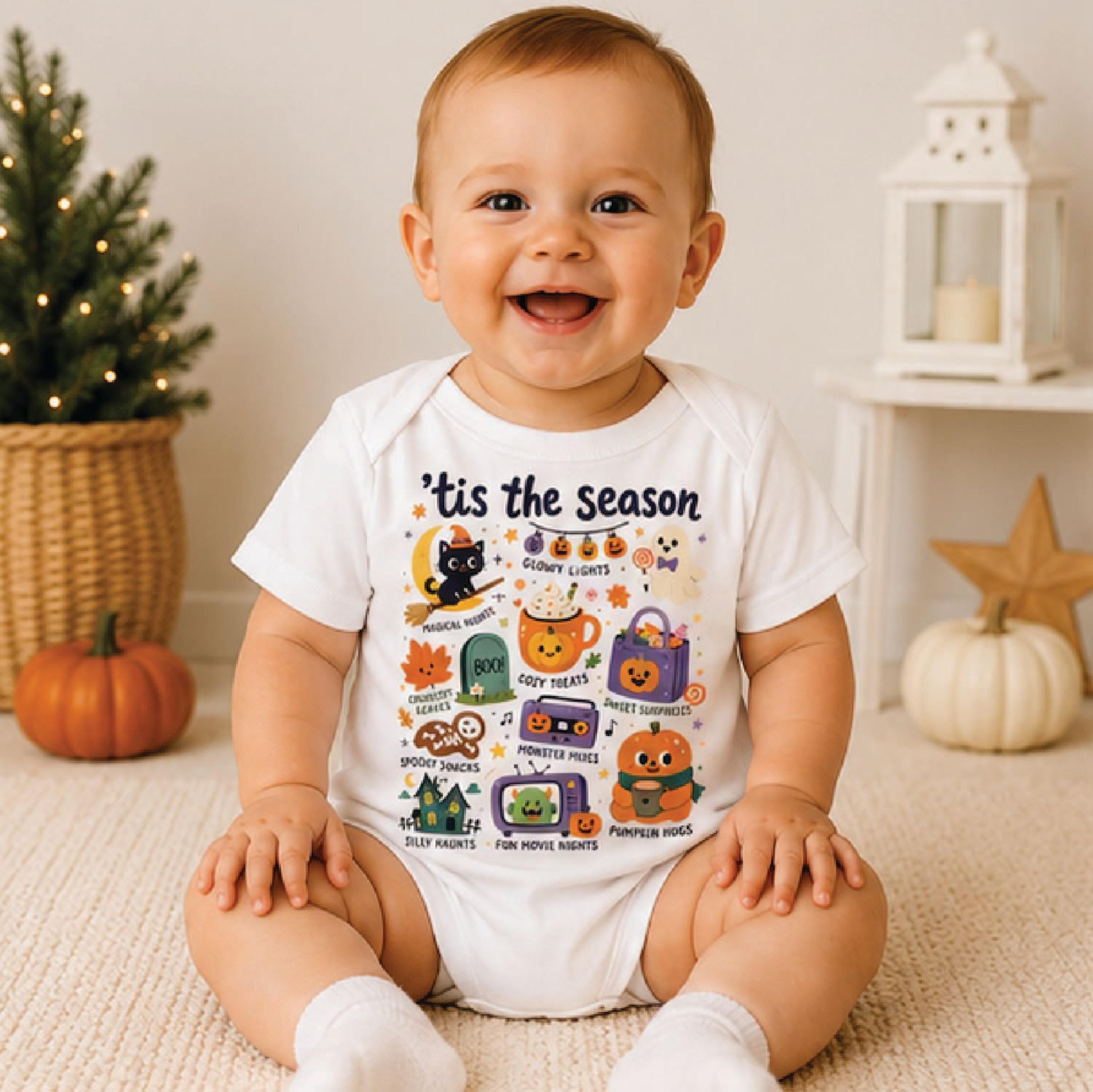 tis the season halloween kids shirt, cute halloween icons toddler tee, spooky season fall shirt, halloween kids outfit