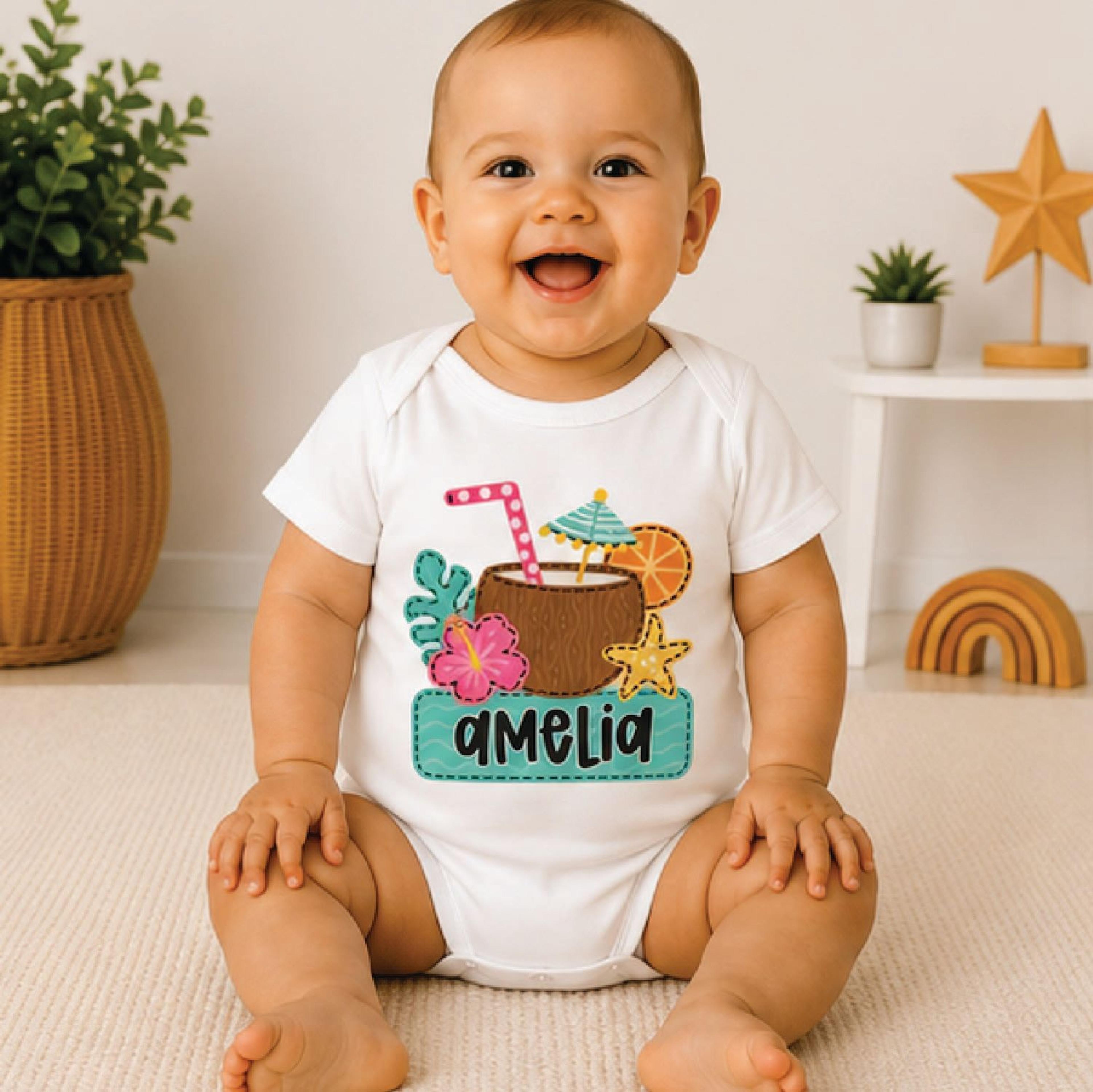 personalized coconut drink kids shirt, custom name tropical toddler tee, cute summer beach shirt, vacation kids gift