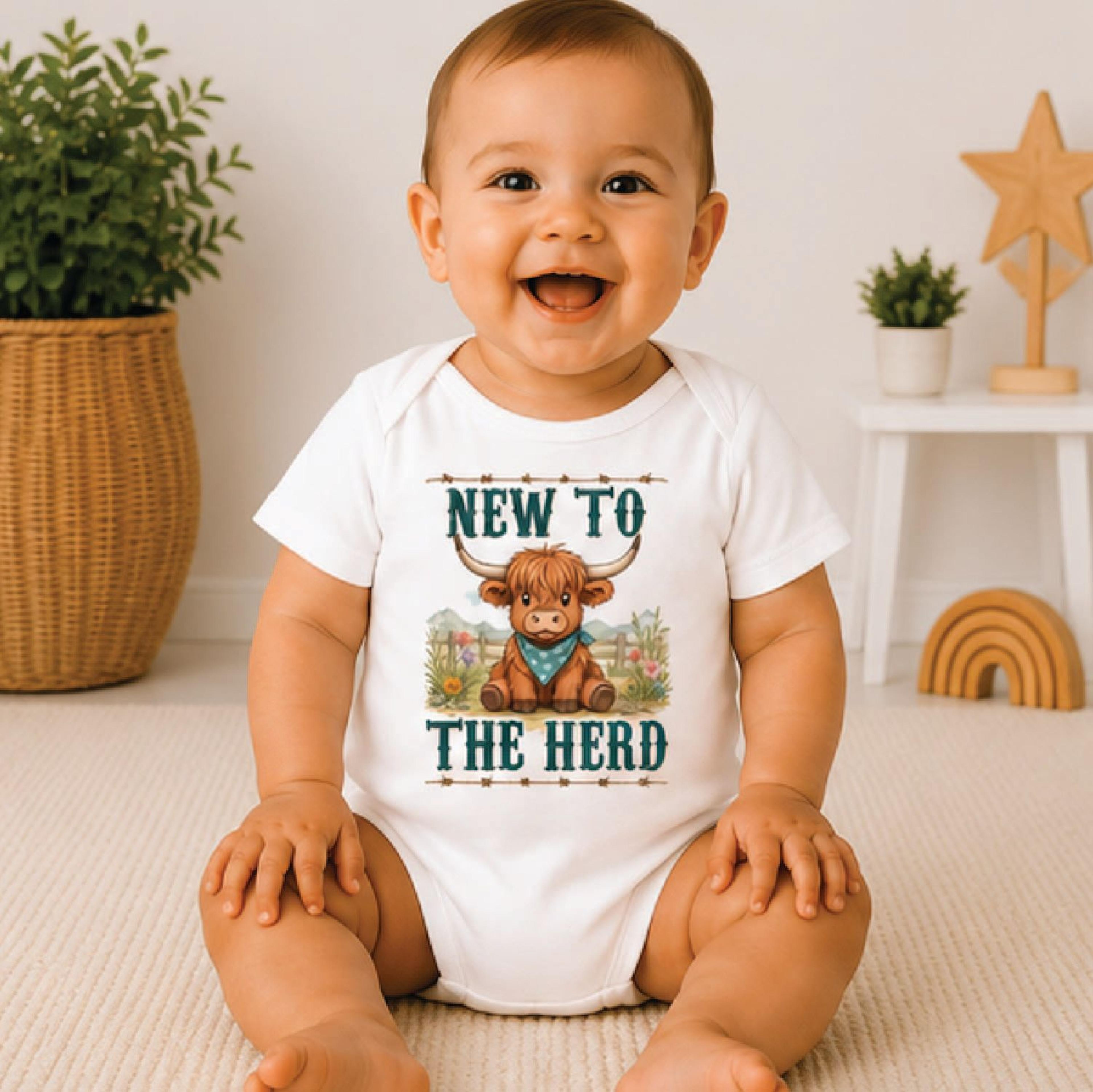 new to the herd baby bodysuit, cute highland cow baby onesie, western newborn outfit, farm baby shower gift