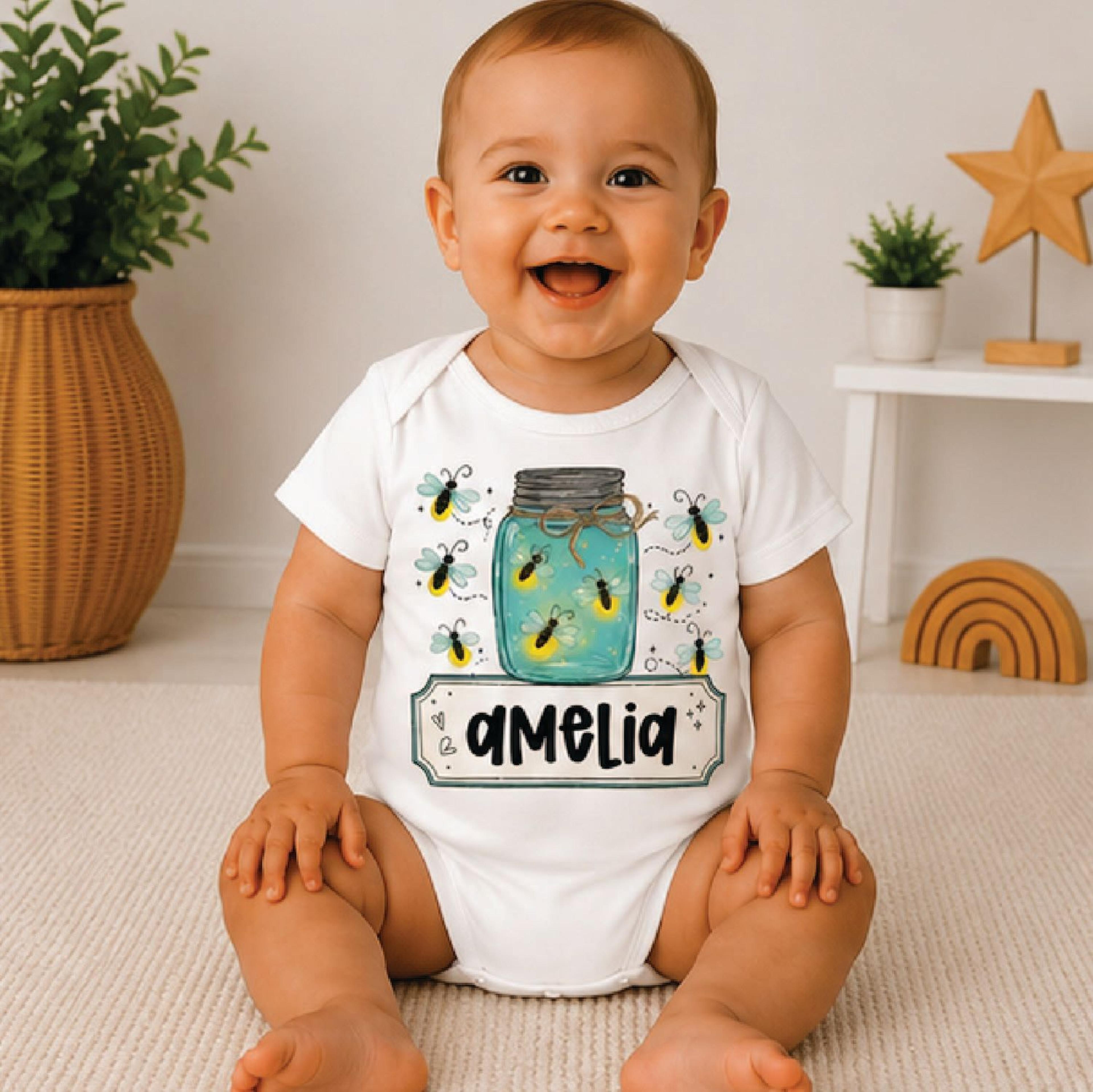 personalized firefly toddler shirt, custom name mason jar kids tee, lightning bug summer shirt, nature lover kids gift