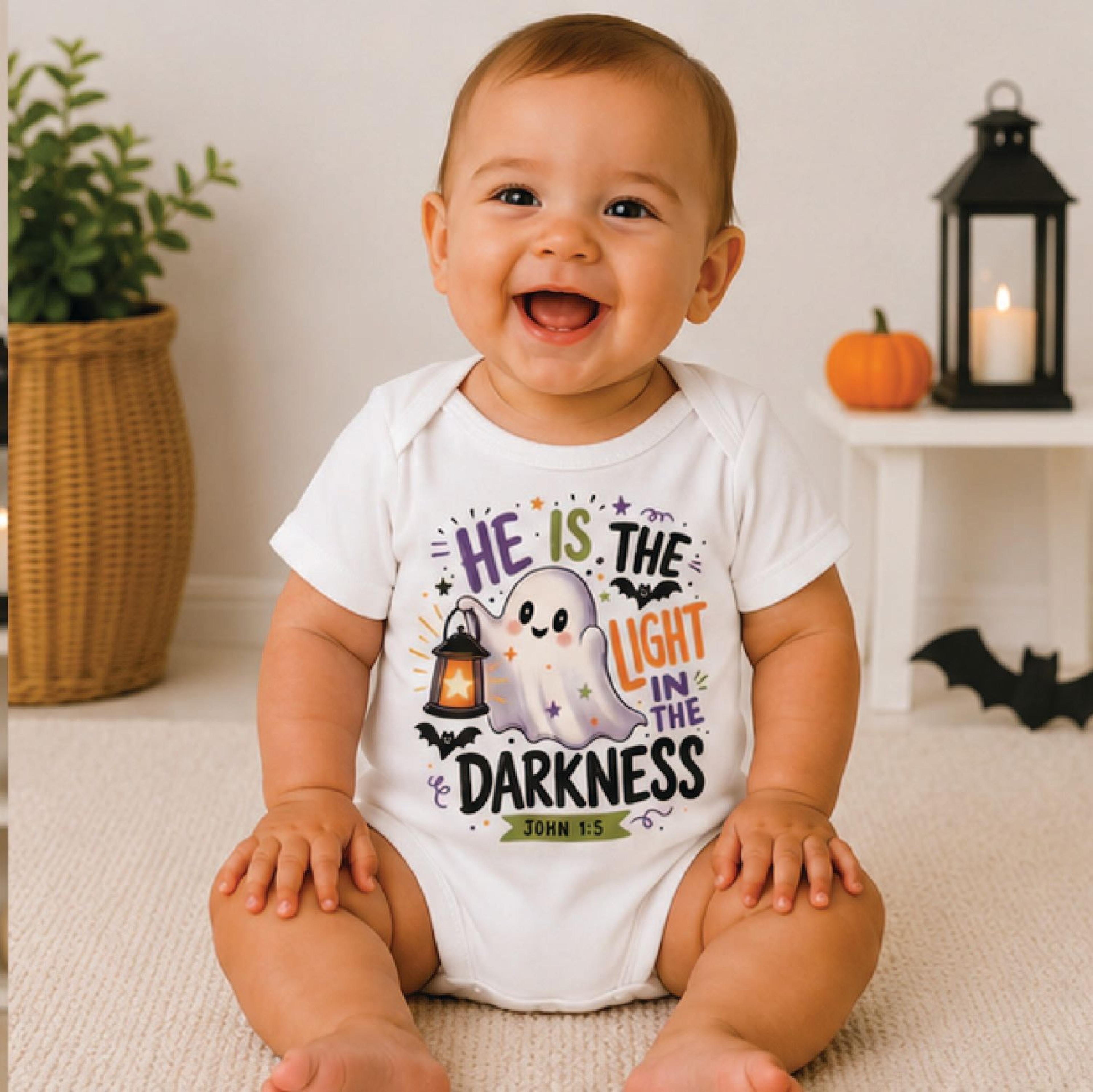 he is the light in the darkness toddler shirt, christian halloween kids tee, john 1:5 ghost shirt, faith fall gift