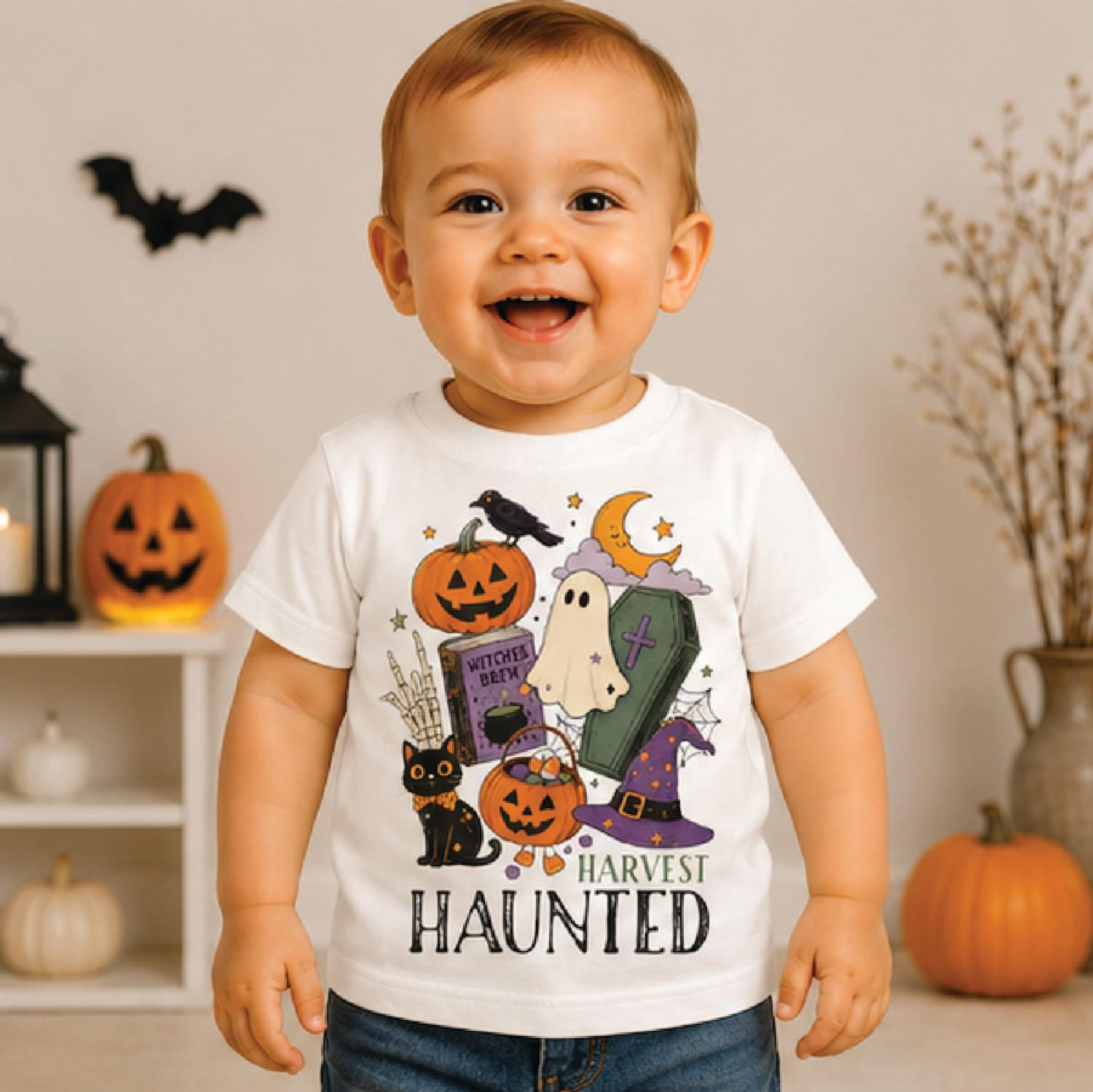 harvest haunted toddler shirt, cute halloween ghost kids tee, pumpkin fall shirt, spooky autumn halloween outfit